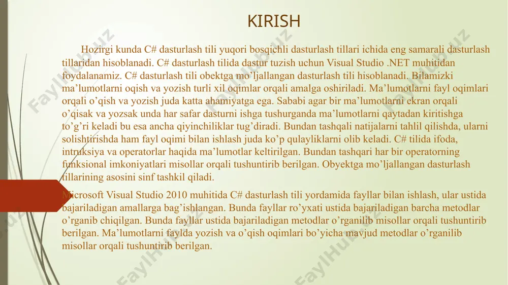 berdi. strukturaviy dasturlashlarning paydo bo‘lishiga qadar katta dasturlarni yozish qiyin bo‘lgan, satr kodlari miqdorining oshishi sababli dasturlarning o‘tish joylari chalkash massalariga aylanib ketishiga olib keladi. strukturaviy tillar dastur tuzuvchi instrumentariysiga shartli operatorlarni, lokal o‘zgaradigan tartiblarni va boshqa mukammallashtirishlarni qo‘shib bu muammoni hal qildi. shunday tarzda nisbatan katta dasturlarni yozish imkoniyati vujudga keldi. aynan c tili kuch, elegantlik va ma’nodorlikni o‘zida muvaffaqiyatli birlashtirgan birinchi strukturaviy til bo‘ldi. uning bo‘lishi mumkin bo‘lgan xatolar mas’uliyatini tilga emas dastur tuzuvchi zimmasiga yuklaydigan prinsiplar bilan inobatga olgan holda sintaksisdan foydalanishdagi qisqalik va osonlik kabi xususiyatlari tezda ko‘plab tarafdorlarini topdi. c# ning juda ko’p versiyalari mavjud, ularning barchasi dasturiy ta’minotga yanada ko’proq yangilanishlar kiritdi 1-versiya oddiy, ko’p maqsadli umumiy dasturlash tili sifatida ishlab chiqarilgan. 2-versiya 2005-yilda ishlab chiqarilgan. bir vaqtning o’zida ma’lumotlarning katta qismini ko’rib chiqishga imkon beruvchi iteratorlardan foydalanish imkoniyatlarini o’z ichiga oldi. 3-versiya 2007-yilda ishlab chiqilgan. yangi iboralar (kodlar) yaratildi; aynan ushbu versiyasidan boshlab …