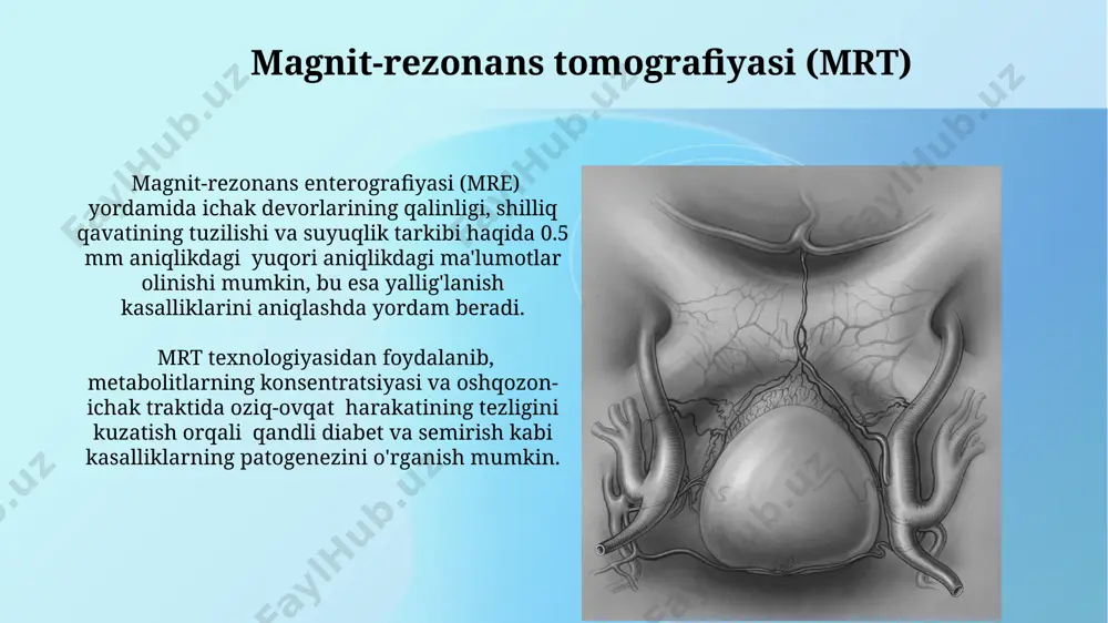 niqlash orqali 1000 dan ortiq turdagi bakteriyalarni aniqlash va ularning metabolik yo'llarini tahlil qilish mumkin. "in silico" modellashtirish "in silico" modellashtirish yordamida ovqat hazm qilish tizimining 3d modellari yaratilib, 1000 dan ortiq turli parametrlarni simulyatsiya qilish orqali, turli kasalliklarning ta'sirini aniqlash mumkin. kompyuter simulyatsiyasi orqali o'tkazilgan 5000 ta virtual tajriba natijalari, in vitro va in vivo tadqiqotlarga nisbatan ancha arzon va tezkor natijalar beradi, bu esa tadqiqotlarni optimallashtiradi. ultratovush tekshiruvi yuqori chastotali ultratovush probelari (5-10mhz) shilliq qavatining tuzilishini batafsil ko'rish imkonini beradi, bu esa yallig'lanish, shish va boshqa o'zgarishlarni aniqlashga yordam beradi. endoskopik ultratovush (eus) tekshiruvi ichak devorining qatlamlarini, shuningdek, yaqin atrofdagi limfa tugunlarini 5 mm gacha bo'lgan aniqlikda tasvirlash imkonini beradi, bu esa o'smalarni aniqlashda muhim ahamiyatga ega. sun'iy intellekt va mashinaviy o'rganish sun'iy intellekt va katta ma'lumotlar tahlili orqali 95% aniqlik bilan ichak mikrobiomasi tarkibini tahlil qilish va uning ovqat hazm qilish tizimining ishiga ta'sirini aniqlash mumkin. mashinaviy …