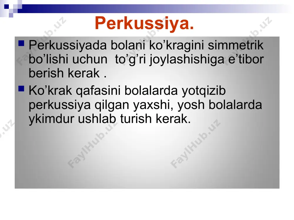 sni turlari amforik metalik stenotik. o’pka absessida bronxial nafas no’jo’ya nafas shovqinlari xirillashlar krepitatsiya plevra ishqalanish shovqini xirillashlar nafas olish va nafas chiqarishda eshitiladi. traxeya, bronx va o’pka bo’shliqlarida paydo bo’ladi. quruq(basli, xushtaksimon, diskant) nam (mayda,o’rta va katta kalibrdagi). jarangli va jarangsiz nam zirillashlar quruq bassli xirillashlarni kelib chiqish mexanizmi past (basli, гудящие, жужжащие) quruq xirillashlar traxeya va yirik kalibrli bronxlarda ularni bo’shligida yopishqoq balg’am xosil bo’lganda paydo bo’ladi. quruq diskant xirillashlarni xosil bo’lishni kelib chiqish mexanizmi yuqori (diskant, xushtaksimon) quruq xirillashlar kichik bronxlarda bo’shlig’ida yopishqoq balgamni bo’lganida va yana mayda bronxlarni shilliq qavatni shishi yoki bronxospazm natijasida siqilishida kuzatiladi. plevra ishqalanish shovqini stetaskop bilan bosilganda kuchayadi. nafas xarakatlari immitatsiyasida eshitiladi. to’talganda o’zgarmaydi. bronxofoniya - ovoz o’tkazishni kuchayishi, ko’proq to’qimalarni zichlashishi bilan bog’liq. для выявления бронхофонии в качестве исходной точки используют правое межлопаточное пространство (проекция правого бронха), после выслушивания в этой точке стетоскоп быстро переносят на другие отделы легких. выслушивание …