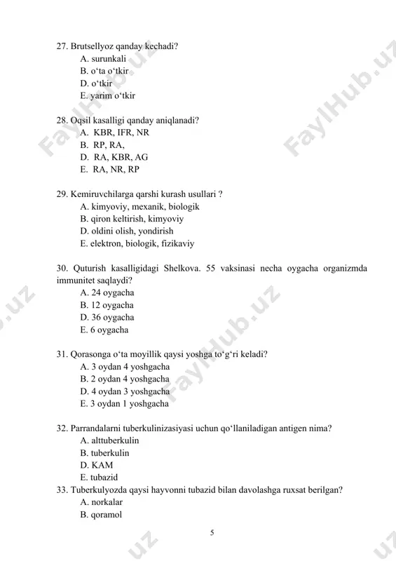 qaysi kasallik qo‘zg‘atuvchilari transmissiv yo‘l bilan hayvonlarga yuqadi a. kuydirgi, yuqumli anemiya b. quturish, gripp d. oqsil, tuberkulyoz, pasterellyoz e. saramas, quturish 52. tuberkulyozning kechishi? a. surunkali b. o‘ta o‘tkir d. o‘tkir e. yarim o‘tkir 53. qaysi kasallikda hayvon tanasini yorish taqiqlanadi? a. kuydirgi kasalligida b. kolibakteriozda d. pasterellyozda e. quturish kasalligida 54. havo yo‘li orqali yuqadigan kasalliklar? a. parrandalar grippi, o‘lat, tuberkulyoz b. qorason, temiratki, saramas, oqsil d. pasterellyoz, kuydirgi, quturish e. brutsellyoz, quturish, leptospiroz 55. quturish kasalligiga xos klinik belgilar? a. asab tizimining buzilishi, gidrofobiya b. tana haroratining ko‘tarilishi, tanada kuchli og‘riq d. xansirash, burundan yiringli ekssudatning ajralishi e. yo‘tal, ich ketishi, atoniya, gipertoniya 56. tuberkulyozning qo‘zg‘atuvchisi? a. micobakterium b. pasterella multocida d. zamburug‘ e. tuberkulin 57. xo‘jalikda oqsil kasalligi chiqmasligi uchun asosiy tadbir nima? a. rejali vaksinatsiya, dezinfeksiya, deratizasiya, dezinseksiya b. diagnoz qo‘yish, deratizasiya, dezinseksiya, majburiy vaksinatsiya d. to‘g‘ri davolash, deratizasiya, dezinseksiya e. kasallarni so‘yish, deratizasiya, dezinseksiya …
