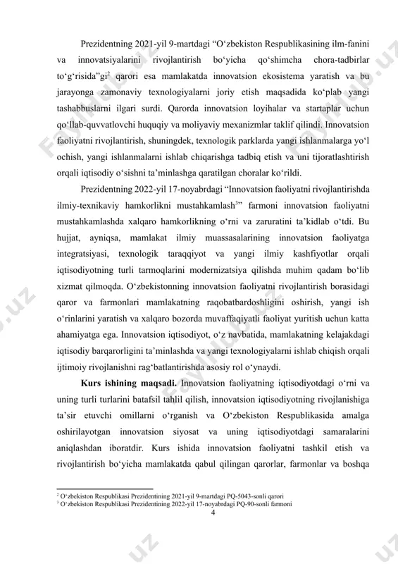 i tahlil qilish. · innovatsion siyosat va huquqiy asoslarni ko‘rib chiqish. · innovatsion faoliyatning iqtisodiy samaralarini aniqlash. · innovatsion iqtisodiyotni rivojlantirish bo‘yicha takliflar ishlab chiqish. kurs ishining predmeti. innovatsion faoliyat va uning iqtisodiyotdagi turli turlarini rivojlantirish, shu jumladan o‘zbekiston respublikasidagi innovatsion siyosat, huquqiy asoslar va davlat tomonidan amalga oshirilayotgan chora-tadbirlarni o‘rganishdan iboratdir. kurs ishining obyekti. innovatsion faoliyatning iqtisodiy tizimdagi jarayonlari, innovatsion iqtisodiyotning rivojlanishiga ta’sir etuvchi omillar va o‘zbekiston respublikasida innovatsion faoliyatni qo‘llab-quvvatlashga qaratilgan davlat siyosati va huquqiy normativ hujjatlaridir. kurs ishining tuzilishi: kirish, 2 ta bob, umumiy xulosa va foydalanilgan adabiyotlar ro‘yxatidan iborat. i-bob. innovatsion faoliyat va uning nazariy asoslari 1.1. innovatsion faoliyat tushunchasi yangilik ishlab chiqarish va boshqaruv tizimiga joriy qilingandan so‘ng, bozorda iste'mol qilinadigan yangi mahsulotga aylanadi va uni sotishdan iqtisodiy, ijtimoiy yoki boshqa turdagi samaralar olinadi — u yangi toifaga — innovatsiyalarga aylanadi. “innovatsiya” tushunchasi birinchi bo‘lib fanga avstriyalik (keyinchalik amerikalik) olim yozef shumpeter xx asrning birinchi …