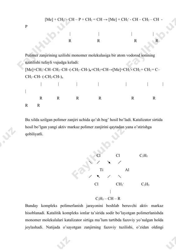 i al cl ch2- c2h5 | c2h5 – ch – r bunday kompleks polimerlanish jarayonini boshlab beruvchi aktiv markaz hisoblanadi. katalitik kompleks ionlar ta’sirida sodir bo’layotgan polimerlanishda monomer molekulalari katalizator sirtiga ma’lum tartibda fazoviy yo’nalgan holda joylashadi. natijada o’sayotgan zanjirning fazoviy tuzilishi, o’zidan oldingi birikkan monomer bo’g’inlar holatiga o’xshash holatda bo’ladi va birikayotgan monomer oldingi zvenodan oldin birikadi. cl cl c2h5 ti al cl ch2- c2h5 | chr2 – ch2 – chr1 – c2h5 + ch2 = hr3 bu mexanizm bo’yicha, polimerlanish tezligi o’sayotgan zanjirning fazoviy tuzilishiga, katalizator tarkibidagi ticl3 ning miqdoriga va katalizator sirtining fizikaviy va kimyoviy xossalariga bog’liq bo’ladi. aktiv metal komplekslar hosil bo’lishi uchun avval trialkil alyuminiy bilan titan (iv) xlorid o’zaro reaksiyaga kirishib, uglevodorodlarda eriydigan kompleks birikmalar hosil qiladi. bunda titan (iv) ionlari qisman titan (iii) va titan (ii) qadar qaytariladi: ticl4+alr3→[ticl3]+ [alr3cl]- ticl3+alr3→[ticl2]+2 [alr3cl]- ticl2+alr3→ [ticl]+3 [alr3cl]- yuqoridagi reaksiyalar natijasida hosil bo’lgan titan kationlari o’zlarining …