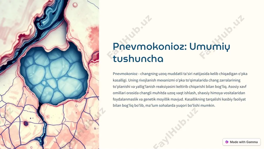 nostika usullari anamnez va kasbiy ma'lumotlarni yig'ish diagnostika jarayonining muhim qismidir. fizikal tekshiruv va o'pkani eshitish orqali kasallikning dastlabki belgilarini aniqlash mumkin. rentgen, kt va boshqa instrumental tekshiruvlar o'pka to'qimalarining shikastlanish darajasini baholashga yordam beradi. ushbu usullarning kombinatsiyasi aniq tashxis qo'yishga imkon beradi. https://gamma.app/?utm_source=made-with-gamma profilaktika choralari changga qarshi kurash usullari ish joylarida muhim ahamiyatga ega. ventilyatsiya tizimlarini yaxshilash, changni yig'uvchi uskunalar o'rnatish va namlash usullarini qo'llash changning tarqalishini kamaytiradi. shaxsiy himoya vositalaridan foydalanish, xususan, respiratorlar, o'pkaga changning kirishini oldini oladi. tibbiy ko'riklar va monitoring orqali kasallikning erta bosqichlarida aniqlash va profilaktika choralarini ko'rish mumkin. https://gamma.app/?utm_source=made-with-gamma