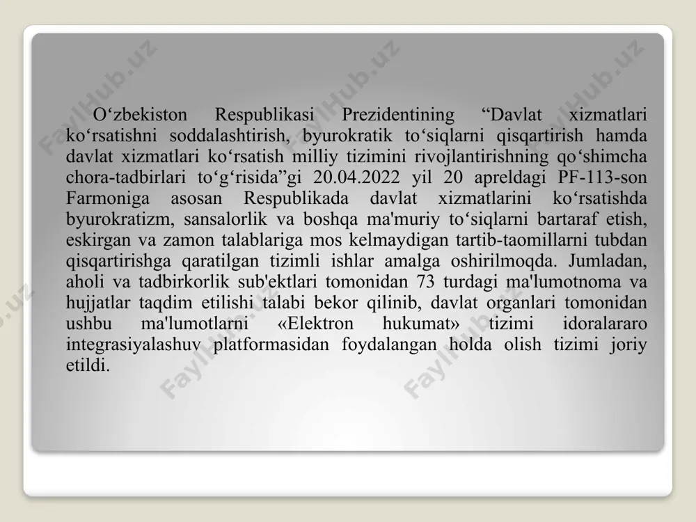 o‘lim haqidagi tibbiy guvohnoma; ruhiy kasalliklar bo‘yicha dispanser hisobida turishi yoki turmasligi to‘g‘risida ma’lumotnoma; narkologiya bo‘yicha dispanser hisobida turishi yoki turmasligi to‘g‘risida ma’lumotnoma olish; shifokor qabuliga yozilish sog‘liqni saqlash sohasida davlat xizmatlari nazorat savollari 1. davlat xizmatlari koʻrsatish tizimini modernizasiya qilish va jadal rivojlantirishning 2022 — 2026 yillarga moʻljallangan milliy strategiyasining asosiy jihatlarini yoritib bering. 2. fuqarolarning ruhiy kasalliklar boʻyicha dispanser hisobida turishi yoki turmasligi toʻgʻrisida ma'lumotnoma berish boʻyicha davlat xizmatini koʻrsatishning umumiy qoidalarni tushuntiring. 3. fuqarolarning narkologiya dispanseri hisobida turishi yoki turmasligi toʻgʻrisida ma'lumotnoma berish boʻyicha davlat xizmati koʻrsatishning umumiy qoidalarni tushuntiring. e’tibor uchun rahmat! /docprops/thumbnail.jpeg