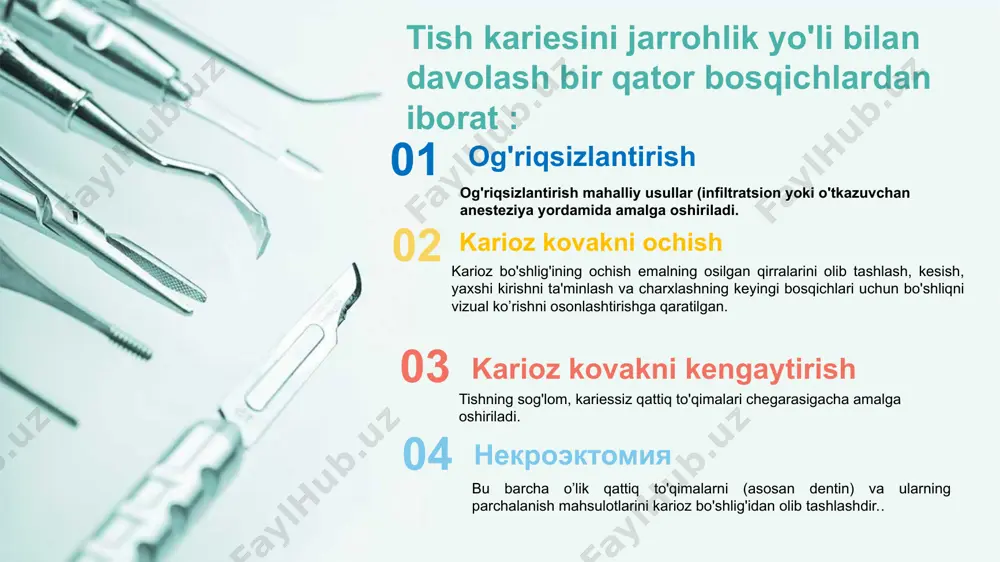 оме этого при расширении предусматривается иссечение пораженных фиссур, выравнивание эмалевого края, округление острых углов по периметру полости. эту манипуляцию проводят с целью предотвращения возникновения вторичного кариеса. расширение полости наиболее целесообразно проводить фиссурными борами. объем раскрытия и расширения кариозной полости в клинических ус­ловиях зависит от характера течения и глубины кариозного процесса. если препарирование происходит в соответствии с принципом "биологической целесообразности", то возможно минимальное расширение кариозной полости. если риск возникновения кариеса велик, то проводят расширенное раскрытие кариозной полости с иссечением так называемых кариесвосприимчивых участков до кариесиммунных зон. расширения кариозной полости при m.i.- терапии не проводится, так как на этом этапе уходит значительный слой непораженных тканей, что существенно снижает прочность зуба некроэктомия — это окончательное удаление из кариозной полости всех нежизнеспособных твердых тканей (в основном дентина) и продуктов их распада. объем некрэктомии определяется характером клинического течения кариеса, локализацией и глубиной кариозной полости. она проводится с помощью различного размера экскаваторов, шаровидных, фиссурных или обратноконусных …