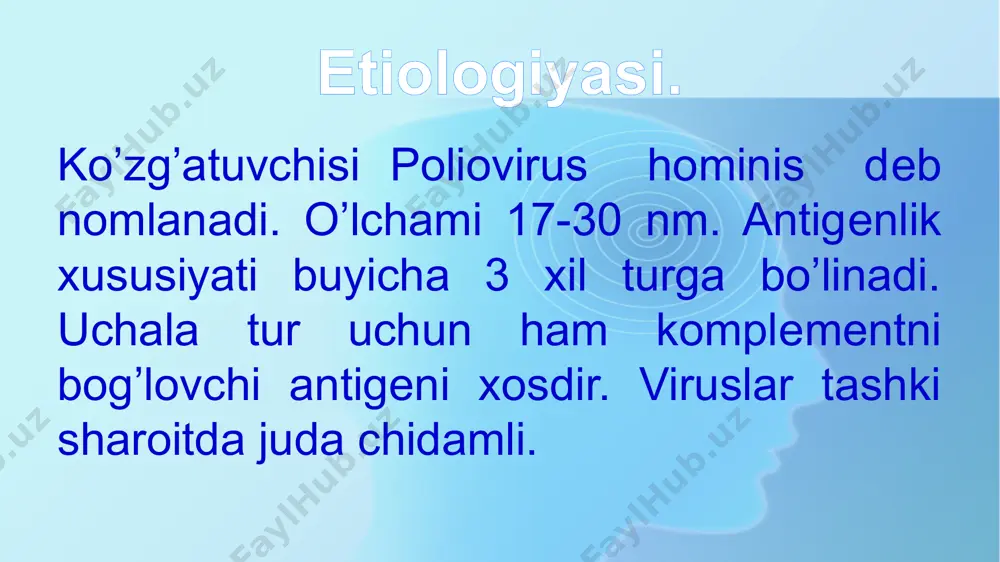 shakllari mavjud bo’lib, ular epidemiologik va laborator natijalar asosida aniqlanadi. tashxisoti. serologik usullardan komplementni bog’lash reaktsiyasi va neytrallash reaktsiyasi ko’llaniladi. davosi. immunoglobulin har bir kilogramm tana og’irligiga 0,5 ml dan qo’llaniladi. askorbin kislotasi 0,05–0,1 mg/kg. prozerin ko’krak yoshidagi bolalarga 0,05-0,1-0,2 ml kuniga 1 mahal mushak orasiga, 1-3 yoshdagilarda 0,1 ml/yoshiga 2 mahal belgilanadi. profilaktikasi. emlash uchun seyben tirik vaktsinasi ko’llaniladi. ular og’iz orqali beriladi. chaqalok lar 3-5 kunligida, 2, 3, 4 oyligida emlanadi hamda 16 oylik va 7 yoshligida qayta emlanadi. image1.png /docprops/thumbnail.jpeg