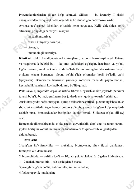 anish kasallik 3 turga bo’linadi: 1. lokal (mahalliy) tebranishlar ta’siridan kelib chiqadigan kasallik. 2. umumiy tebranishlar ta’siridan kelib chiqadigan kasallik. 3. murakkab tebranish, ya’ni mahalliy va umumiy tebranish ta’siridan kelib chiqadigan tebranish kasalligi. kasallik patologik jarayonning amalga oshishiga qarab 4 bosqichga ajratiladi: 1)boshlang’ich (yengil); 2)yengil amalga oshgan; 3) amalga oshgan; 4) ifodalangan. sabablari. ishlab turgan odamning, asosan, qo’llariga ta’sir ko’rsatadigan tebranishlar mahalliy tebranishlar deyiladi. butun organizmga ta’sir qiladigan tebranishlar umumiy tebranishlar deyiladi. tebranish kasalligi metall va tosh kesuvchilar, elektr arralar bilan daraxt kesuvchilar, uchuvchilar, stanokda ishlaydiganlarda uchraydi. kasallik asta-sekinlik bilan rivojlanadi. eng ko’p uchraydigan formasi bu— mahalliy tebranishdir. mahalliy tebranishlar ta’sirida kelib chiqadigan tebranish kasaligining klinikasi. bemorlar kechalari yoki dam olayotgan paytda qo’l panjalarining og’rishidan, uvishib qolishidan, barmoqlarning oqarib qolish xurujlaridan shikoyat qilishadi. bu kasallikda, asosan, qon tomirlarda qon aylanishi buziladi. avvaliga qaysi qo’l tebranish ta’siriga ko’proq uchrab tursa, o’sha qo’l tomirlarida qon aylanishi buziladi. qo’lda og’riqlar, barmoqlarning sezuvchanligi, terining …