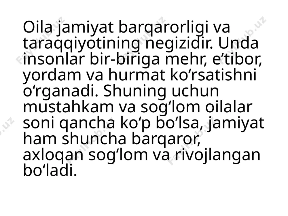 a olish. xulosa:o‘zaro ishonch va hurmatni mustahkamlash uchun bu tavsiyalarni amalda qo‘llash orqali er-xotin o‘rtasidagi munosabatlar yanada sog‘lom va baxtli bo‘lishi mumkin. har ikkala tomon ham o‘zaro hurmat, sadoqat va tushunishga asoslangan muloqot o‘rnatish orqali barqaror, farovon va baxtli oilaviy hayotga erishishi mumkin. ishonch va hurmat oilaviy muhitni iliq, barqaror va farovon qilishda muhim o‘rin tutadi. agar bu ikki qadriyat asos bo‘lsa, er-xotin har qanday qiyinchilikni birgalikda yengib o‘ta oladi. zamonaviy psixologlar ham oilaviy muammolarning asosiy ildizi ko‘pincha ishonchsizlik yoki hurmatsizlikda ekanini ta’kidlaydi.