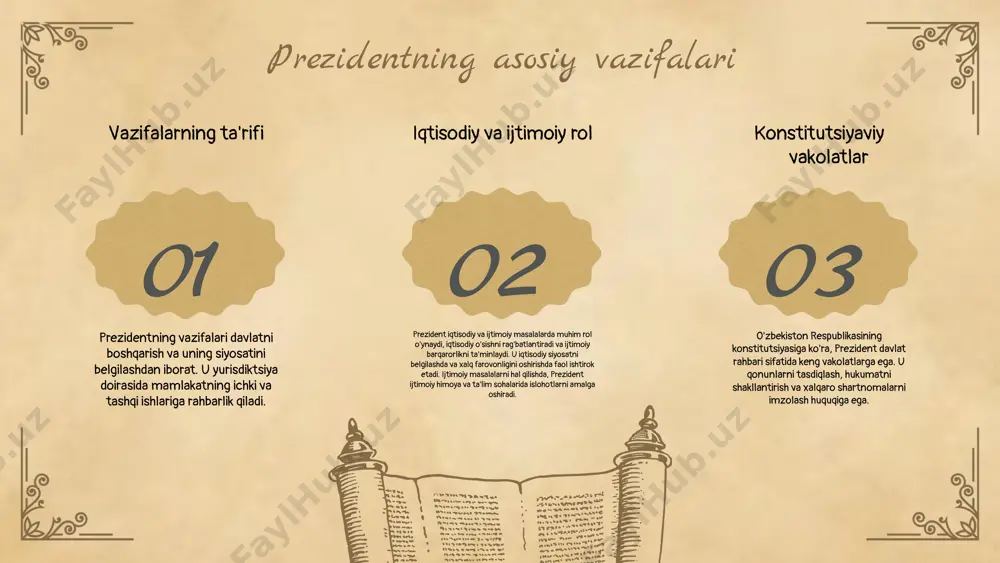 kistonning qiyofasini belgilaydi. u boshqa davlatlar bilan aloqalarni rivojlantiradi va xalqaro tashkilotlarda mamlakat manfaatlarini himoya qiladi. buning natijasida oʻzbekistonning xalqaro maydondagi obro'si ortadi. vakolatlar va majburiyatlar prezidentning vakolatlari keng va turli yo'nalishlarni qamrab oladi. u qonunchilik tashabbuslari bilan chiqadi, ijro etuvchi hokimiyatni boshqaradi va davlat xavfsizligini ta'minlaydi. shuningdek, prezident ijtimoiy va iqtisodiy rivojlanishni boshqarish vazifasini ham bajaradi. 01 02 03 oʻzbekiston prezidenti: zamonaviy rivojlanish oʻzbekiston prezidentining zamonaviy siyosiy strategiyalari mamlakatni rivojlantirishga qaratilgan. ular orasida iqtisodiy islohotlar, boshqaruv tizimini takomillashtirish va ijtimoiy barqarorlikni taʼminlash bor. iqtisodiy rivojlanish va islohotlar doirasida oʻzbekiston iqtisodiyotni diversifikatsiya qilish, investitsiyalarni jalb etish va kichik biznesni qoʻllab-quvvatlashga eʼtibor qaratmoqda. mamlakatda yangi sanoat tarmoqlari rivojlanmoqda va infratuzilmani yaxshilashga qaratilgan loyihalar amalga oshirilmoqda. oʻzbekiston prezidenti xalqaro aloqalar sohasida ham faoliyat yuritmoqda. u oʻzbekistonning mintaqaviy va global miqyosda ishtirokini kengaytirish, yangi hamkorliklar o‘rnatish va diplomatik aloqalarni mustahkamlashga eʼtibor qaratmoqda. buning natijasida oʻzbekistonning xalqaro obroʻsi oshmoqda va yangi savdo imkoniyatlari yaratilmoqda. …