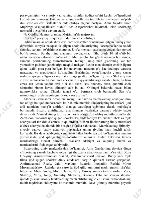ramiz. mang’it amirlari hukmronligi davrida yetishib chiqqan yetuk adabiy namoyondalarning ko’pchiligi davlatning turli hududlarida yashab ijodlarini tirikchilik manbayi bo’lgan kasb-hunar bilan birga olib borishga majbur bo’lganliklarini manbalarda ko’rishimiz mumkin. bu noxush xolatga qaramay turli shahar va o’lkalarda goh uyushgan goh tarqoq o’ziga xos adabiy maktablar paydo bo’lgan, shakllangan va rivojlanagan. misol tariqasida 1866-yilgacha mustaqilligini saqlab turgan xisor bekligida uyushgan adabiy maktab shakllangan bo’lib, badaxshon va dorvozdagi adabiy muhit ham xisor maktabi bilan yaqin aloqada edi. shuningdek o’rganilayotgan xudud samarqand, kattaqo’rg’on, urgut atroflarida yashab ikki tilda ijod etgan zullisonayn adabiyot ahli ham shuxrat qozongan, e’tiborni tortgan edi. o’rta zarafshon vohasida uyushgan adabiy muhitni ko’rishimiz mumkin. bu hududda ijod etgan shoirlarning bir-birlariga taxmislar qilishi, she’riy maktublar yo’llashi, marsiya-tarixlar bag’ishlashi yuqorida keltirilgan fikrimiz isbotidir. shubxasiz mamlakat adabiy muhitida paydo bo’lgan bu jarayon olimlarning adabiyotga ilm-fanga bo’lgan munosabati, ularning intelektual salohiyatidan darak beradi. mang’it amirlari majlislarida adabiyot ahlining mavqyeyi ancha pasayganligini va siyosiy vaziyatning …