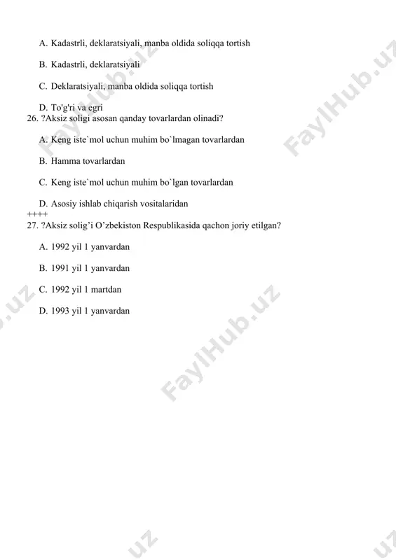asi moliya vazirligi c. o‘zbekiston respublikasi vazirlar mahkamasi d. o‘zbekiston respublikasi davlat soliq qo‘mitasi 1. ? “aksiz” so‘zi qanday ma’noni anglatadi? a. fransuzcha “chertib olish, kesib olish” ma’nosini anglatadi b. inglizcha “xazina, boylik” ma’nosini anglatadi c. arabcha “ustidan qo‘shib qo‘yish” ma’nosini anglatadi d. yunoncha “kompensatsiya to‘lash” ma’nosini anglatadi 1. ?aksiz solig‘i stavkalari va aksizlanadigan tovarlar ro‘yxati qaysi organ tomonidan tasdiqlanadi? a. o‘zbekiston respublikasi qonuni b. o‘zbekiston respublikasi davlat soliq qo‘mitasi c. respublika moliya vazirligi d. byudjetdan tashqari davlat maqsadli jamg‘armalari 1. ?soliqqa tortishning qanday usullari mavjud? a. kadastrli, deklaratsiyali, manba oldida soliqqa tortish b. kadastrli, deklaratsiyali c. deklaratsiyali, manba oldida soliqqa tortish d. to'g'ri va egri 1. ?aksiz soligi asosan qanday tovarlardan olinadi? a. keng iste`mol uchun muhim bo`lmagan tovarlardan b. hamma tovarlardan c. keng iste`mol uchun muhim bo`lgan tovarlardan d. asosiy ishlab chiqarish vositalaridan ++++ 1. ?aksiz solig’i o’zbekiston respublikasida qachon joriy etilgan? a. 1992 yil 1 yanvardan b. …