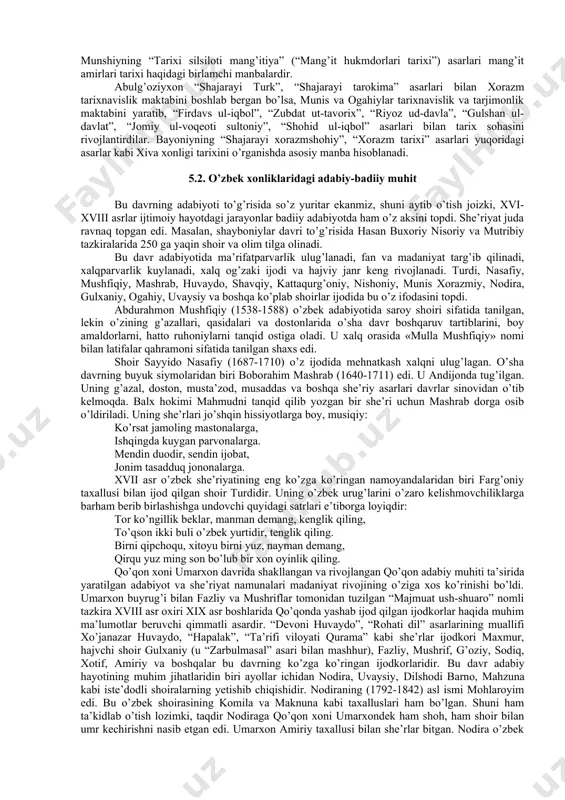 va etnografiyaga doir ma’lumotlar ham bor. ( 195 )muhammad haydarning «tarixi rashidiy» asarida o’zbek va qozoqlarning tarixi yoritilgan. xvi asrning yirik tarixchi olimi, iste’dodli shoiri va sarkardasi, temuriylar avlodining vakillaridan biri zahiriddin muhammad bobur (1483-1530) edi. u farg’ona hokimi amir temurning nabirasi umar shayx mirzoning to’ng’ich o’g’li bo’lib, 12 yoshida taxtga o’tirgan edi. bobur juda murakkab hayot, kurash va ijodiy faoliyat yo’lini bosib o’tdi. u inqirozga yuz tutgan temuriylar davlatini saqlab qolish va mustahkamlash uchun, bobosi amir temurdek markaziy osiyoda markazlashgan yirik davlatni tuzish uchun uzoq vaqt kurash olib bordi. ammo 1504-yilga kelib shayboniyxon bilan kurashda mag’lub bo’lib mamlakatdan chiqib ketishiga majbur bo’ladi. o’sha yili bobur qobulni egallagan. u 1514-1526-yillar orasida shimoliy hindistonni bo’ysundirish uchun kurash olib boradi. 1526-yilda bu o’lkani o’ziga bo’ysundirib, tarixda boburiylar (g’arbda - buyuk mo’g’ullar) imperiyasi nomi bilan mashhur bo’lgan davlatga asos soldi. bu imperiya to 1858-yilgacha, ya’ni hindistonni ingliz mustamlakachilari bosib olgunga qadar yashadi. bobur …