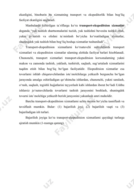 ishlab chiqish (multimodal va intermodal yuk tashish marshrutlari); • dengiz va daryo kemalari, samolyotlar, vagonlar va avtomobillar fraxtasi uchun tashish jarayonining boshqa ekspeditorlar va ishtirokchilari bilan shartnomalarni tuzish; •yukni mo‘ljalga yetkazib berish uchun kerak bo‘ladigan transport hujjatlarini (ttn, konosament, invoys va boshqalar) tuzish; •yuk tashish ta`riflari, to‘lovlari va yig‘imlarini to‘lash; •yukni sug‘urtalash, uni buzilishi, kamomadi, shikastlanishini xujjatlashtirishda ishtirok etish; •eksport-import yuklarni jo‘natishda bojxona brokeri majburiyatlarini bajarish; •yuk jo‘natuvchini yuk xarakati, uni yo‘qotilganligi, izlanayotganligi to‘g‘risisida xabardor kilish; •kerak xollarda yukni boshqa manzilga qayta jo‘natish; •xavfli, gabariti katta va og‘ir yuklarni jo‘natishga maxsus ruxsatnomani olish; •boshqa xizmatlar shunday qilib, yuqoridagilardan ko‘rinib turibdiki, transport-ekspeditsion xizmatlar sermazmun va o‘ziga xos faoliyat turi hisoblanadi. ushbu xizmatlar bo‘yicha yana quyidagi fikr-mulohazalarni ham qilish mumkin. birinchidan, transport-ekspeditsion xizmatlar - bu bozor xizmatlarining bir turidir. bu xizmatlarni maxsus birliklar tomonidan yuritilayotganligi ularni biznesning bir turi ekanligidan darak beradi. ikkinchidan, biznes turi sifatida transport-ekspeditsion xizmatlar to‘liq xo‘jalik hisobi talablariga …