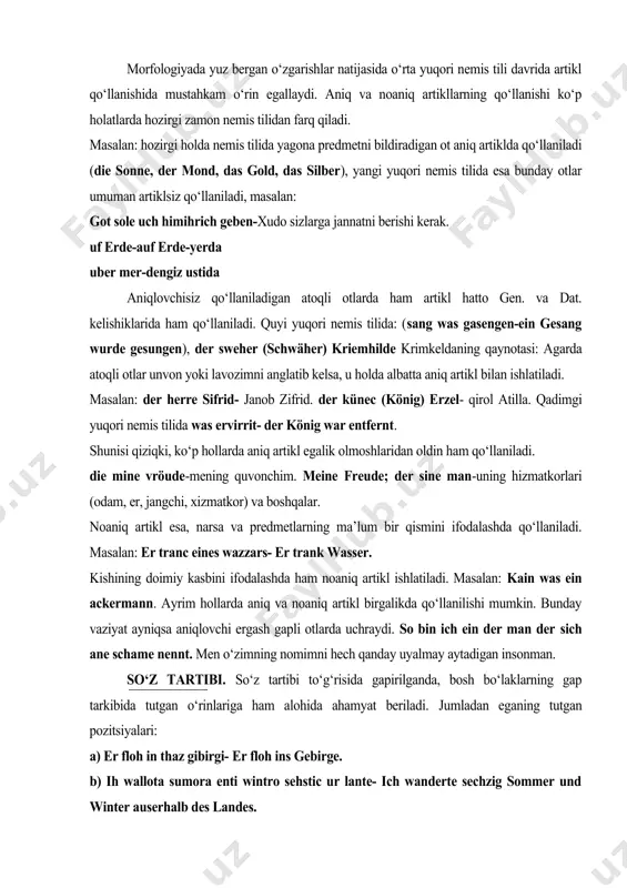 lohida ahamyat beriladi. jumladan eganing tutgan pozitsiyalari: a) er floh in thaz gibirgi- er floh ins gebirge. b) ih wallota sumora enti wintro sehstic ur lante- ich wanderte sechzig sommer und winter auserhalb des landes. qadimgi yuqori nemis tilida bog‘langan qo’shma gaplarda ikkinchi qismda gap egadan boshlanmasdan, fe’lning o‘zgaruvchan qismi bilan boshlanadi. qadimgi yuqori nemis tilida: forn her ostar giweit, floh her otaches einst reiste er ostwärts, er fol vor odonkers zorn. ikkinchi darajali bo‘laklar: qadimgi yuqori nemis tilida: sus in uuege quam ein uuib -da kam des weges ein weib. hozirgi zamon nemis tili nuqtai nazaridan: a) sagte man bei der eisenbahn b) mutter ist gestorben vor acht jahren b) kannst dich verlassen auf ihn g) mussten sie ihn schicken. a) kann schon zwei tage nicht kochen die frau. müste ich schon absagen. ergashgan qo’shma gaplarda: als er wegging von zu hause und aus dem dorf, ist er eingetreten. …