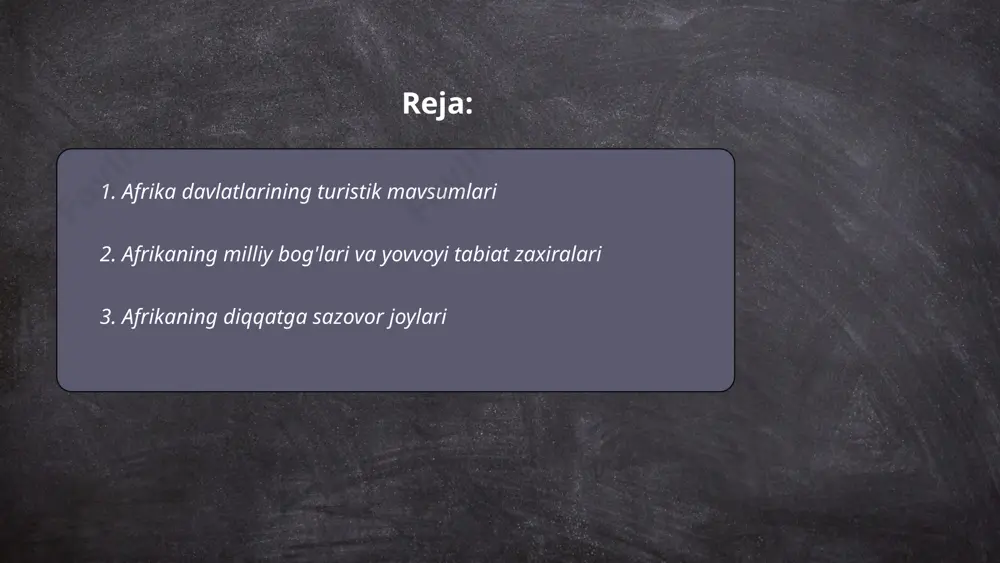 andlikdagi xufu piramidasi ham dunyoning yetti mo‘’jizasidan biridir. janubiy afrikadagi kruyer milliy bog‘i 19,000 kvadrat kilometr maydonga ega va mingdan ortiq turdagi o‘simliklarni o‘z ichiga oladi. shuningdek, zimbabve va zambiya o‘rtasidagi viktoriya sharsharasi dunyo bo‘yicha eng katta sharshara bo‘lib, uning balandligi 108 metrni tashkil etadi. afrikadagi kilimanjaro tog‘i, 5,895 metr bilan qit’adagi eng baland cho‘qqi hisoblanadi. ... t.me/slaydai_bot 4. afrika bo'ylab safari sayohatlari afrika safari sayohatlari ko'p turlar: tanzaniyada serengeti milliy bog'ida serengeti migratsiyasi kuzatish, keniyada maasai mara parkida felida yirtqich qushlar ko'rish, janubiy afrikada kruger milliy bog'ida "big five" (arslon, leopard, fil, karkidon, buqaloq) kuzatish mashhur faoliyatlardandir. turistlar botsvana okavango deltasi va namibiyaning sossusvlei qizil qumlarida ham sayr qilishadi. ugandada gorilla trekking va zimbabweda viktoriy tomchilarini ziyorat qilish ham mavjud. statistikaga ko'ra, har yili afrikaga yuz minglab sayyohlar kelib, yovvoyi tabiat go'zalligidan zavq olishadi. safarilar uchun eng yaxshi fasllar - quruq mavsum, iyuldan oktyabrgacha, chunki bu vaqtda hayvonlar suv …