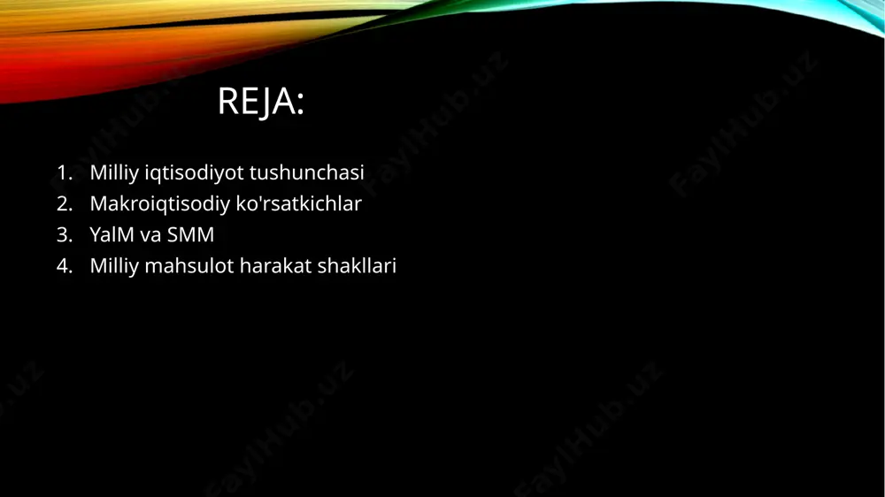hamkorlikni kuchaytiradi, ammo bir vaqtning o'zida millatlararo raqobatni ham oshiradi. shu sababli, har bir davlat o'zining milliy iqtisodiyotini mustahkamlashga intiladi, chunki bu uning millatlararo maydonga chiqish uchun zarur shartdir. makroiqtisodiy ko’rsatkichlar makro iqtisodiy ko'rsatkichlar - bu iqtisodiyotning umumiy holatini aks ettiruvchi miqdoriy va sifatli belgilar hisoblanadi. ushbu maqolada biz makro iqtisodiy ko'rsatkichlarning asosiy turlarini, ularning ahamiyatini va ularni hisoblash usullarini ko'rib chiqamiz. makro iqtisodiy ko'rsatkichlarni quyidagi guruhlarga bo'lib tashlash mumkin: - mamlakatning umumiy iqtisodiy faoliyatini aks ettiruvchi ko'rsatkichlar. bunda milliy daromad (md), milliy mahsulot (mm), real milliy mahsulot (rmm), milliy tashqi savdo (mts) kabi ko'rsatkichlar kiradi. - mamlakatning moliyaviy va pul-bank faoliyatini aks ettiruvchi ko'rsatkichlar. bunda davlat byudjeti (db), davlat qarzi (dq), pul oqimi (po), pul mablag'i (pm), inflatsiya darajasi (id), valyuta kursi (vk) kabi ko'rsatkichlar kiradi. makroiqtisodiy ko’rsatkichlar - mamlakatning ijtimoiy-iqtisodiy faoliyatini aks ettiruvchi ko'rsatkichlar. bunda aholi soni (as), mehnat kuchlari (mk), ishsizlik darajasi (id), o'rta daromad (od), fuqarolikning …