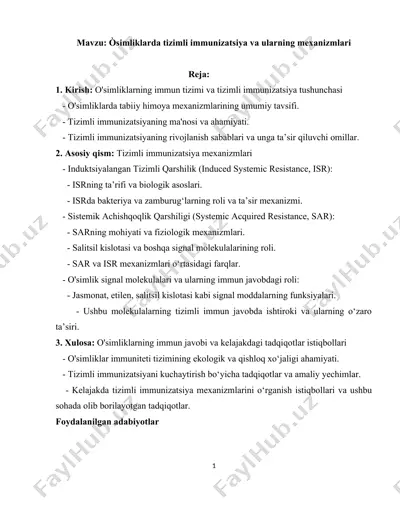 o'simliklarda tizimli immunizatsiya va ularning mexanizmlari — DOCX