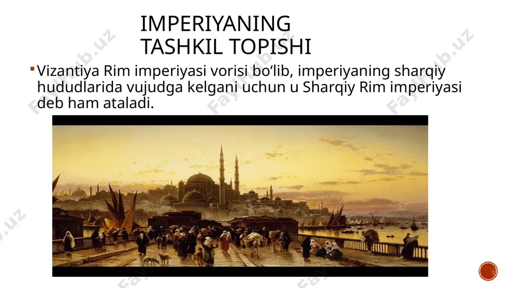 misrni, 693-698 yillarda shimoliy afrikadagi yerlarni tortib oldi. italiyadagi langobardlar vizantiya hududining anchagina qismini bosib oldi. biroq x asrda yirik yer egaligi kuchayi, vizantiya shaharlari vii-ix asrlardagi tanazzuldan soʻng yana qad rostladi. savdo-sotiq va hunarmandchilik uyushmalari vujudga keldi. x asrning oʻrtalarida vizantiya arablardan yuqori mesopotamiyani, kichik osiyo va suriyaning bir qismini, krit va qibris orollarini qaytarib oldi. armaniston va gurjistonda vizantiya taʼsiri kuchaydi. avliyo sofiya ibodatxonasi vizantiya meʼmorchiligining buyuk mahobatli yodgorligi (532-537). ibodatxona eramizning 360-yilidan 1453-yilgacha usmonlilar imperiyasi tomonidan konstantinopol zabt etilgunga qadar yunon pravoslav cherkovi boʻlgan. ibodatxona uzunligi 77 metr, gumbaz diametri 31,5 metr. gumbaz asosiga 40 ta deraza ishlangan. rangli marmar va koshinlar bilan serhasham qilib bezatilgan. yustinian i tangalari davlat belgilari imperiya tugallanishi vizantiya imperiyasining poytaxti usmonlilar tomonidan qamal qilinib,soʻngra bosib olingan. shaharni qamal qilish 1453-yil 6- aprelda boshlangan va 53 kun davom etgan.1453-yil 29-mayda shahar butunlay taslim boʻlgan va bir vaqtlar eng kuchli boʻlgan vizantiya imperiyasi …