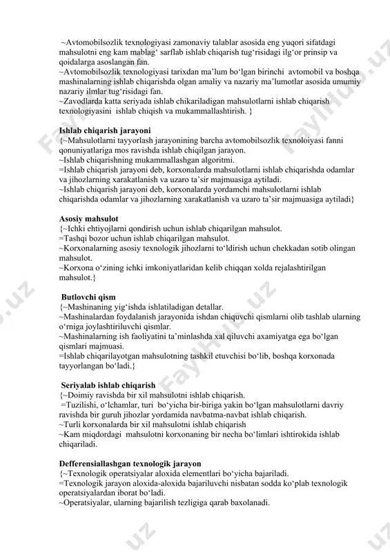 larga nimalar kiradi? {~korxonada foydalaniladigan dastgohlar, moslamalar, kesuvchi asboblar soni. ~korxonada ishlayotgan ishchilar soni. =mahsulotning turi, ishlab chiqarishning doimiyligi, ishlab chiqarish hajmi. ~korxonadagi mexanik sexlari soni.} avtomobilsozlik texnologiyasi {=avtomobilsozlik texnologiyasi talab qilingan sifatda, berilgan miqdorda va muddatda kam mehnat va material sarflab mashinalarni ishlab chiqarish tug‘risidagi fan. ~avtomobilsozlik texnologiyasi zamonaviy talablar asosida eng yuqori sifatdagi mahsulotni eng kam mablag‘ sarflab ishlab chiqarish tug‘risidagi ilg‘or prinsip va qoidalarga asoslangan fan. ~avtomobilsozlik texnologiyasi tarixdan ma’lum bо‘lgan birinchi avtomobil va boshqa mashinalarning ishlab chiqarishda olgan amaliy va nazariy ma’lumotlar asosida umumiy nazariy ilmlar tug‘risidagi fan. ~zavodlarda katta seriyada ishlab chikariladigan mahsulotlarni ishlab chiqarish texnologiyasini ishlab chiqish va mukammallashtirish. } ishlab chiqarish jarayoni {~mahsulotlarni tayyorlash jarayonining barcha avtomobilsozlik texnoloiyasi fanni qonuniyatlariga mos ravishda ishlab chiqilgan jarayon. ~ishlab chiqarishning mukammallashgan algoritmi. =ishlab chiqarish jarayoni deb, korxonalarda mahsulotlarni ishlab chiqarishda odamlar va jihozlarning xarakatlanish va uzaro ta’sir majmuasiga aytiladi. ~ishlab chiqarish jarayoni deb, korxonalarda yordamchi mahsulotlarni …