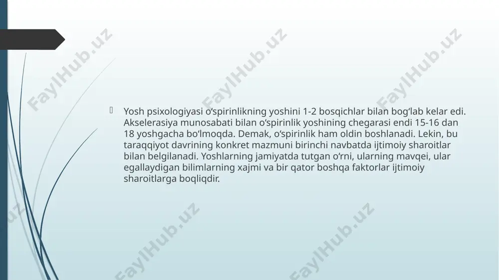 lgan munosabatlari va ularning o‘qish-o‘rganishga undovchi sabablarni yaxshi anglaydilar. ilk o‘spirinlik davrida aqliy rivojlanish. ilk o‘spirinlik yoshidagi o‘quvchilarining bilish jarayonlari turli nuqtai nazarlarni taxlil etishga va bu masala bo‘yicha har tomonlama fikr yuritishga yordam bera oladi. bu yoshdagi o‘spirinlar atrofdagi turli voqea-hodisalardagi haqiqatni bilishga intiladi. ularning tayyor echimlar, ma’lumotlar emas, balki shu echim va ma’lumotlarni o‘zlari mulohaza yurgizib, qidirish jarayonining o‘zi ko‘proq qiziqtiradi. bu borada turli masalalar bo‘yicha bahs va munozaralar yuritishga va o‘zlarining fikrlarini isbotlashga juda qiziqadilar. bu davrida bilish jarayonlarining rivoji faol ravishda davom etadi. bu rivojlanish o‘spirinning o‘ziga va uning atrofidagi kuzatuvchilarga kam seziladi. bu davrga kelib, o‘spirinlar to‘la ravishda mantiqiy tafakkurga ega bo‘ladilar, nazariy fikr yuritib, o‘zlarini-o‘zlari tagxlil eta oladilar. ular endi bemalol axloqiy, siyosiy va boshqa mavzularda bahslasha olib, o‘z munosabatlarini bildira oladilar. o‘spirinlik davrida bolalar juda ko‘p ilmiy tushunchalarni o‘zlashtirib, ulardan turli masala va muammolarni engishda foydalana oladilar. o‘spirinning o‘z-o‘zini anglashi o‘quv, mehnat va …