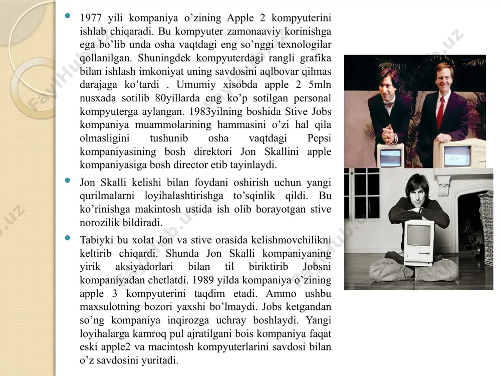 ka erishgan iphone6 va 6plus smartfonlari 2015yili esa 6s, 6s plus smartfonlari namoyish etildi. 2016yili kompaniyaning iphone 5ni eslatuvchi se nomli smartfoni va 7-avlod smartfonlari bozorda paydo bo’ldi. 2017 yili iphone smartfoni chiqarilganiga 10yil to’ldi. shu munosabat bilan aple o’zining iphonex nomli smartfonini taqdim etdi. smartfon qirqilgan ingichka ramkali yangicha inson yuzni tanuvchi face id nomli tizimga asoslangan revalutsion qurilma bo’ldi. shuningdek navbatdagi iphone8 va 8plus ham aynan shu yili namoyish etildi. 2018 yilning 12sentyabr kuni apple o’zining navbatdagi taqdimotini o’tkazdi. taqdimotda 3ta iphone xs / iphone xs max nisbatan arzon iphone xr smarfonlari va apple watch series 4 smart soati ommaga taqdim etildi. 2019-yilning 10sentyabrida esa iphonening 11 avlod smartfonlari 11,11pro va 11pro max insonlarga taqdim etildi. 2020-yilning boshida insonlar karantinda niqoblar orqali face id tizimi yaxshi ishlamayotganidan norozilik bildira boshlashdi. bundan foydalangan kompaniya iphone 8 takrorlovchi barmoq izi skaneriga ega yangi iphone se smarfonini namoyish etdi. shuningdek yil …