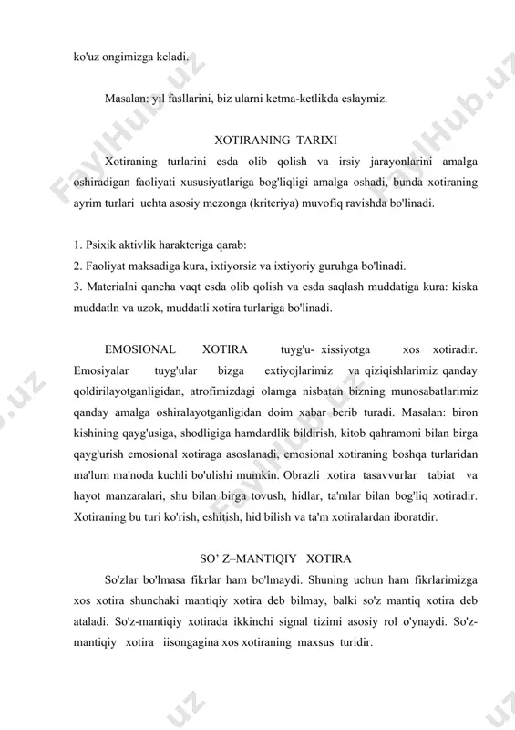 ning uchun ham fikrlarimizga xos xotira shunchaki mantiqiy xotira deb bilmay, balki so'z mantiq xotira deb ataladi. so'z-mantiqiy xotirada ikkinchi signal tizimi asosiy rol o'ynaydi. so'z- mantiqiy xotira iisongagina xos xotiraning maxsus turidir. ixtiyoriy va ixtiyorsiz xotira faoliyat maksadga qarab xotira ixtiyorsiz va ixtiyoriy turlarga bo'linadi. muayyan maqsadsiz biron narsani esda olib qolish yoki eslash, ixtiyorsiz esda olib qolish va iktiyorsiz qayta esga tushirish ixtiyorsiz xotira deb ataladi. o'z oldimizga maqsad qo'yib esda olib qolsak, bu ixtiyoriy deb ataladi. xotiraning ixtiyoriy va ixtiyorsiz turlari xotira tarakkiyotining 2 ta ketma—ketboskichlarinii tashkil etadi. ixtiyorsiz xotira turmushimizda katta o'rin egallaydi. ixtiyorsiz xotirada biz xech qanday irodaviy kuch sarflaymiz, hech qanday maqsad qilib quymaymiz. qisqa muddatli va uzoq muddatli xotira ma'lum bir material xotirada mustahkamlanishi uchun material sub'yekt tomonidan ishlab chiqarilishi kerak. bu jarayon hozirgina bo'lib o'tgan hodisaning sub'yektiv jihatdan "aks-sadosi" sifatida yechiladi. biz xotira mobaynida hozir bevosita idrok qilmayotgan, go'yo ko'rishda, eshitishda davom …