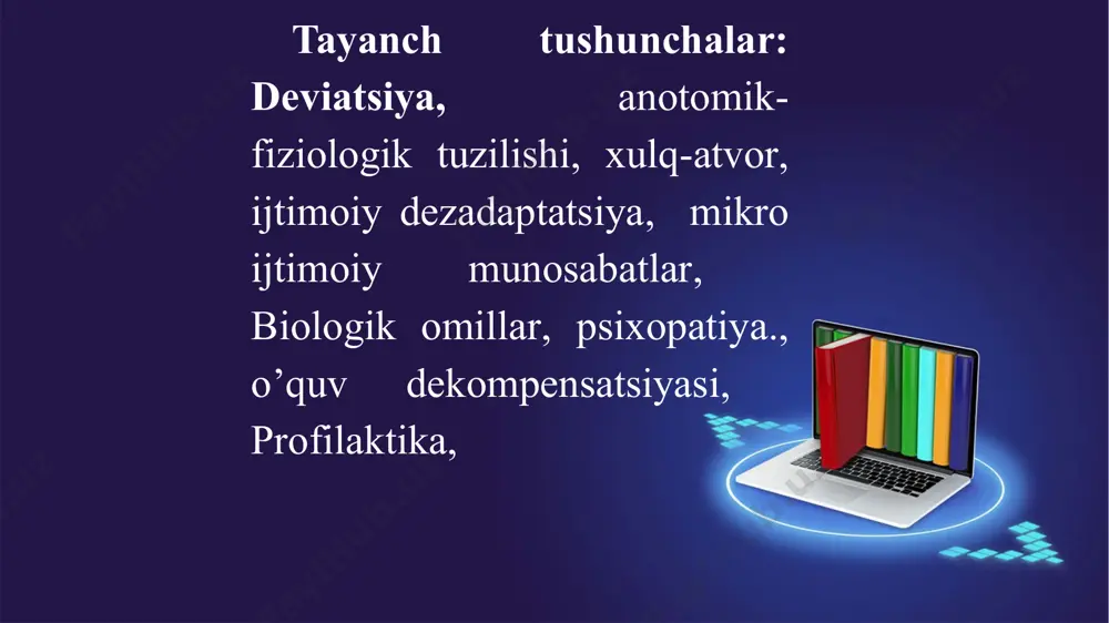 jlanishining har bir davrida shaxsiyat va xarakterning ba’zi ruhiy hislatlari shakllanadi. o’smirda ruhiyat rivojlanishining ikki bosqichi kuzatiladi: yoki u yashaydigan ijtimoiy muhitdan bezib qoladi, yoki ko’nikib ketadi. agar oilada bola ota-onasi tomonidan yetarli mehr his qilmasa unda bu holatda uning himoya vositasi vazifasini begonalashuv bajaradi. bu begonalashuv asabiy reaksiyalar, atrofdagilar bilna munosabatlarning buzilishi, emotsional sovuqlik, psixik rivojlanishning to’xtab qolishi, turli ruhiy patalogilarda namoyon bo’ladi. o’smirlarga xos bo’lga rad etish, qarshi chiqish kabi hislatlar odatda bir-biriga emotsional bog’liq bo’lgan oilaviy munosabatlarning oqibati hisoblanadi. o’smir axloqiy qadriyatlari tizimining shakllanmaganligi holatida uning qiziqishlari g’arazli xarakter kasb eta boshlaydi. bunaqa o’smirlarga infantilizm, ko’ngilochar hikoyalar xosdir. 3. ijtimoiy-pedagogik omillar maktab, oila va ijtimoiy tarbiya nuqsonlarida namoyon bo’lib, uning asosida yoshlik chog’ida salbiy tajriba to’planishligi bilan bolaning erta ijtimoiylashuvidagi og’ishlarga olib keluvchi yosh, jinsiy va individual hususiyatlar yotadi. bunaqa bolalar avvalambor maktabda yomon tayyorlanishgan bo’lishadi, uy vazifalariga mas’uliyatsizlik bilan qarashadi, maktab baholariga befarqliklarini bildirishadi. bu esa …