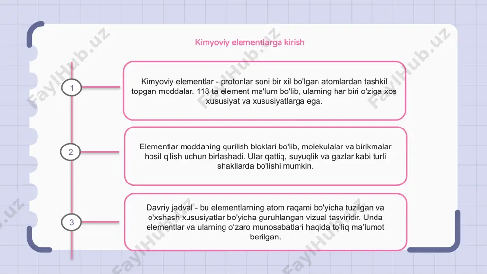 rish kabi turli sanoat va texnologiyalarda ham qo'llaniladi, ular farmatsevtika, o'g'itlar va qurilish va ishlab chiqarish uchun materiallarni yaratishda qo'llaniladi. bog'lanish va kimyoviy elementlar kimyoviy elementlar kimyoviy vositalar bilan oddiyroq moddalarga bo'linmaydigan moddalardir. bog'lanish - bu murakkabroq moddani hosil qilish uchun ikki atomni birlashtirish jarayoni. davriy jadval kimyoviy elementlarni ularning atom raqami va xossalariga qarab tartibga soluvchi jadvaldir. kimyoviy elementlarning tasnifi kimyoviy elementlar davriy jadvaldagi o'rnini belgilovchi atom raqamiga qarab tasniflanadi. davriy jadval davrlarga bo'linadi, ular element atomidagi elektron qobiqlarning sonini ko'rsatadi. xuddi shu guruhdagi elementlar o'xshash xususiyatlarga va valent elektronlarga ega bo'lib, ularni kimyoviy jihatdan bog'laydi. 1 2 3 ko'p ishlatiladigan kimyoviy elementlar kimyoviy elementlar moddaning qurilish bloklaridir. ular kimyoviy vositalar bilan oddiyroq moddalarga bo'linmaydigan moddalardir. 118 ta kimyoviy element ma'lum bo'lib, ularning har biri o'ziga xos xususiyatlarga ega. eng ko'p ishlatiladigan kimyoviy elementlardan ba'zilari uglerod, vodorod, kislorod va azotni o'z ichiga oladi. ushbu elementlar farmatsevtika, qishloq xo'jaligi va …
