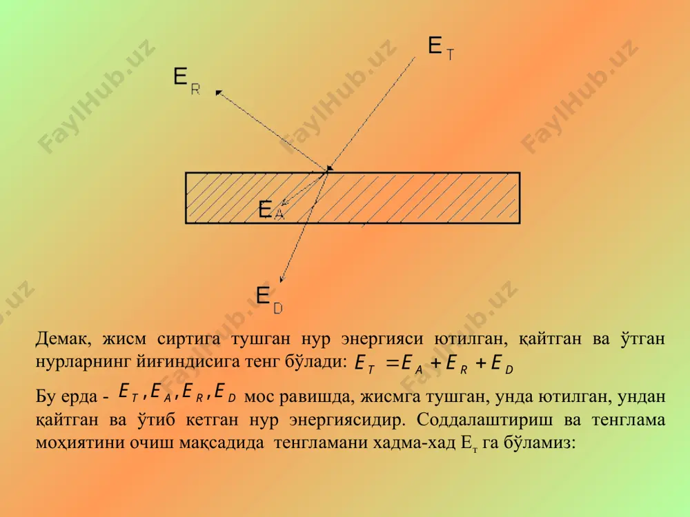 ўли билан топган ва 1884 йили а.больцман назарий жиҳатдан исботлаб берган. жисмнинг нурланиш оқимининг ҳақиқий интегралланган сирт зичлигини(е), абсолют қора жисм сирт зичлигига(е0) нисбати иссиқликни нурлаш коэффициенти дейилади ε: ε=е/е0 иссиқлик нурлаш коэффициентини қўллаб стефан-больцман қонунини реал жисм учун қуйидагича ёзиш мумкин: e=εe0=εc0(t/100)4=c(t/100)4 бунда с – кулранг жисмнинг нурланиш хусусияти. вт/м2 к4 -абсолют қора жисмнинг нур тарқатиш қобилияти. г. кирхгоф қонуни абсолют қора ва кулранг жисмларнинг иссиқлик нурларини ютиш ва тарқатиш хоссалари орасидаги боғланишни г.кирхгоф 1882 йили ўрганиб, қуйидаги қонунияти очган: бунда - абсолют қора жисмнинг нур тарқатиш қобилияти. жисмнинг нурлаш хусусиятнинг нур ютиш қобилтига нисбати жисм табиатига боғлиқ эмас ва барча жисмллрнииг учун температура функциясидир; жисминнг нур чиқариш қобилияти абсолют қора жисмнипг шу температурадаги нур чиқариш қобилиятига тенг. эътиборларингиз учун раҳмат! т d т r a e e ва e e e e ; ; t 1 = + + d r a d r a t e e …