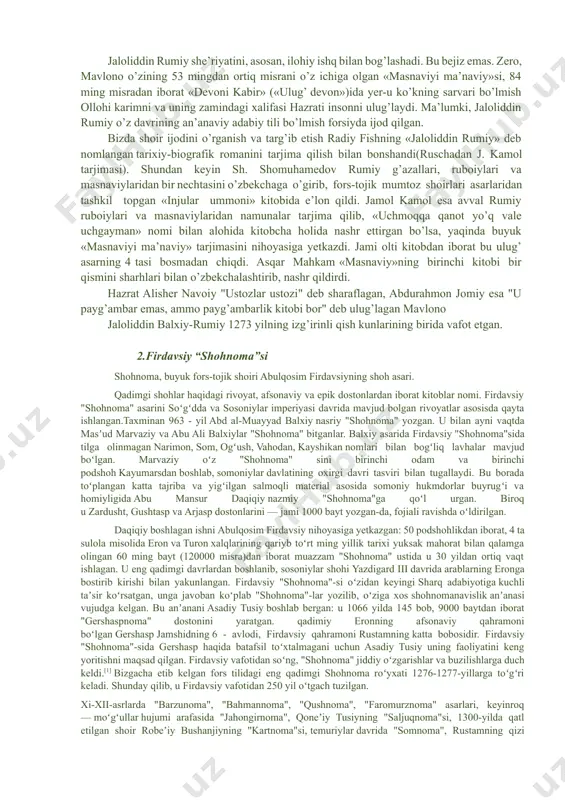 hi ma fiyhi" ("ichingdagi ichingdadir") - mavlononing suhbatlaridan iborat falsafiy kitob. 1998 yilda toshkentda o’zbek tilida nashr etildi. 4. "mavoizi majolisi sab’a"- bu asar rumiyning yetti o’git va pandnasihatlaridan iborat. 5. "maktubot"- mavlononing turli davrlarda zamondoshlariga yozgan maktublaridan tashkil topgan to’plam. jaloliddin rumiy ijodi yuksak badiiyati bilangina emas, balki mantiq kuchi, falsafiy fikrlarga boyligi bilan ham katta ta’sir quvvatiga ega. taniqli olim va adib radiy fish so’zlari bilan aytganda, shoirning «mavhum mantiqiy kategoriyalarda emas, balki otashin shoirona timsollar vositasida» talqin etilgan tabiat va jamiyat hodisalarining doimiy o’sish, o’zgarishda ekani, eskining yo’qolib, yangining paydo bo’lishi — «dunyoning ziddiyatlar birligidagi ziddiyatlar jangi»dan iboratligi to’g’risidagi qarashlari buyuk nemis faylasufi gegelning e’tiroficha, unda dialektik metod yaratishga yordam bergan. yoki ulug’ mutafakkir husn va ishq tortilishi misolida birinchi bo’lib olamning asosida o’zaro tortishish kuchlari yotishi haqidagi fikrni o’rtaga tashlaydiki, mazkur qonunning chindan-da amal qilishini bir necha asrdan keyin ingliz olimi nyuton kashf etdi. jaloliddin rumiy …