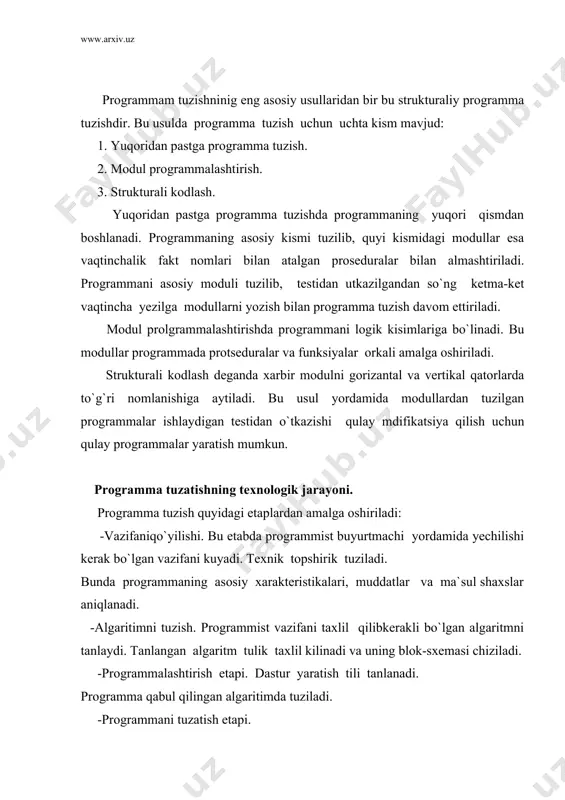 -programmani testidan o`tkazish etapi. odatda dasturni testdan o`tkazishda etaplarga bo`lib urganila- di. bunda xar bir modulni tekshirishdan tortib, to butun sistemani yakuniy tekshirishlar kabi etaplarni oladi. agar bunda biron bir ishonchli ketma - ketlikka yendashilmasa, ishonchli taominlovchi dastur olish juda qiyindir. testlash strategiyasi ikkita usuldan birortasiga asosan bajariladi: odatiy quyidan - yuqoriga qarab testlash, yeki zamonaviy yuqoridan - pastga qarab testlash. quyidan - yuqoriga qarab testlash. bu usul keng tarkalgan usul bo`lib, unda eng kuyu pog`onadagi boshlangich yozilgan modullar tekshiriladi. so`ngra yuqori qatlamdagi elementlar dasturlanadi va testlanadi. bu jarayon to yozilgan dastur butunlay yakunlanmaguncha davom etadi. quyidan - yuqoriga qarab testlash usuli xozirgi vaqtda yuqoridan - pastga qarab testlovchi va dasturlovchilvr tomonidan kulanmayapti. ularni fikricha bu usulda interfeys va algoritmdagi ko`pgina xatolar aniqlanmay kolib ketmokda. bu esa dasturni kayta-kayta o`zgartirishdan so`ng buzishga olib keladi. ikkinchi kamchiligi esa: xar xil pog`onadagi elementlarni tes- tdan o`tkazishda yangidan yangi testlovchi moslamalarni,drayverlarni va testlovchi …