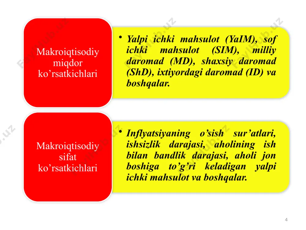 d = sim - biznesga egri soliqlar 19 ishlab chiqarilgan milliy daromad – bu yangidan yaratilgan mahsulotning butun hajmi. – bu ishlab chiqarilgan milliy daromaddan har xil yo‘qotishlar (tabiiy ofatlar, mahsulotlarni zaxirada saqlashdagi yo‘qotishlar va h.k.) va tashqi savdo qoldig‘i chiqarib tashlangan miqdorga teng. foydalanilgan milliy daromad 20 4. milliy daromad - ijtimoiy sug'urta ajratmasi - korxona foydasiga soliqlar - korxonaning taqsimlanmaydigan foydasi + ijtimoiy to'lovlar = shaxsiy daromad. 5. shaxsiy daromad - aholi to‘laydigan daromad solig‘i - aholi to‘laydigan mulk solig‘i - aholi to‘laydigan ayrim nosoliq to‘lovlari = shaxsiy tasarrufdagi daromad (shtd). shtd uy xo‘jaliklari tomonidan iste’mol (c) va jamg‘arish (s) uchun ishlatiladi. shtd = c + s 21 e’tiboringiz uchun rahmat!!! image1.png image2.png image3.png /docprops/thumbnail.jpeg