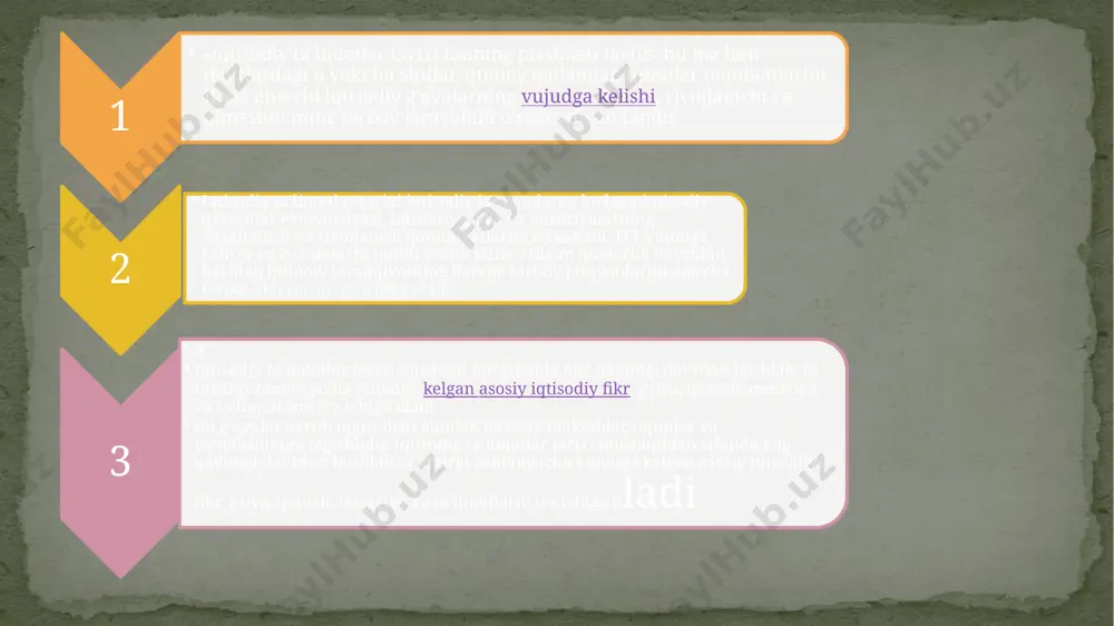 nni o‘rganish orqali ekonomiks, xalq xo‘jalig‘i tarixi, iqgisodiy tarix va iqtisodiy konsepsiyalar hamda aniq iqtisodiy predmetlarni o‘zlashtirish osonlashadi, u yoki bu iqtisodiy o‘zgarishning shart-sharoitlari va oqibatlarini tahlil etishga katta ko‘mak beradi. iqtisodiy fan tarixida ilmiy davrlash, maktablar va yo‘nalishlar tushunchasi. «iqtisodiy ta’limotlar tarixi»ni o‘rganishda ma’lum davrlash tizimidan foydalaniladi. hozircha eng maqbul usul ijtimoiy iqtisodiy formatsiyalarning o‘zgarishiga qarab ish yuritishdir. chunki qaysi formatsiya ustun, ilg‘or boshqarishning amalga oshirish bo‘lsa o‘sha(masalan, quldorlik yoki kapitalizm) davrga xos jamiyatning sinfiy tuzilishi iqtisodiy manfaatlari va boshqalar yotadi. quldorlik va feodalizm davrida g‘oyalarning tarqalishi (migratsiyasi) juda qiyin bo‘lgan. shuning uchun bu davrlardagi iqtisodiy fikrlarni mamlakatlar miqyosida alohida-alohida o‘rganishmoqda. xix asr 2-yarmida avvalgi g‘oyalarga marksizmga muqobil ravishda vujudga kelgan va umumlashtirilgan holda «marjinalizm, deb ataladigan ta’limot hozirgi zamonning asosiy» iqtisodiy goyasi hisoblanadi. lekin shuni ham alohida ta’kidlab o‘tish kerakki, biror ta’limot doimo sof qolda amalda deyarli qo‘llanilmaydi. har bir ta’limotning ko‘plab turli oqim va yo‘nalishlari mavjud. odatda …