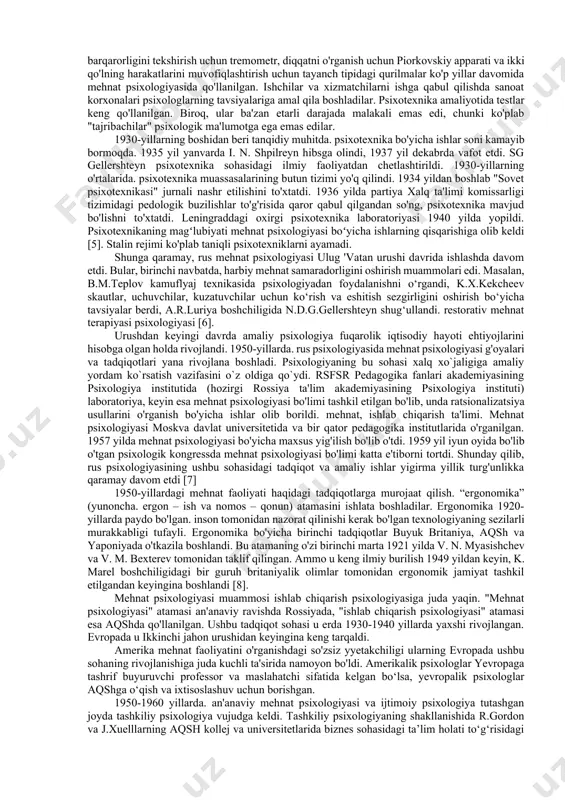 lbret, g.tomson va boshqalar) «teylorizm»ni mehnat fiziologiyasi va psixologiyasi elementlari bilan boyitdilar. frenk gilbret no tarixiga hissa qo'shgan, ehtimol teylorning o'zidan kam emas. u “harakatni o‘rganish” asarida g‘isht teruvchining harakatini o‘rganish va ratsionalizatsiya qilish borasidagi ko‘p yillik mehnati natijasini taqdim etdi. bu misolda u harakatlarni ratsionalizatsiya va tejamkorlikning umumiy tamoyillarini chiqardi. ishlab chiqarish jarohatlarini o'rganish 20-asr boshlarida mehnat psixologiyasining eng dastlabki yo'nalishlaridan biri edi. ular ishchilar "ko'chiruvchilar" (vagon haydovchilari, haydovchilar, mashinistlar va boshqalar) o'rtasida ishlab chiqarish jarohatlarining yuqori darajasi bilan bog'liq baxtsiz hodisalarning yuzaga kelishining psixologik omili bilan qiziqdilar. ushbu sohadagi birinchi ish 1910 yilda nyu-yorkda baxtsiz hodisalar qurbonlari uchun to'lov harajatlarini kamaytirishdan manfaatdor bo'lgan sug'urta kompaniyalarining iltimosiga binoan amalga oshirildi. 1919 yilda ingliz tadqiqotchilari kasbiy jarohatlarga moyillikning individual xususiyatlarini o'rganishdi. ular bir xil sharoitlarda bir xil ishni bajarayotgan ba'zi odamlar (bu holda artilleriya snaryadlarini yig'ish edi) umuman jarohatlanmaganiga, boshqalari bir yoki ikkitasiga, ba'zi ishchilar juda tez-tez yaralanganiga e'tibor qaratdilar. …