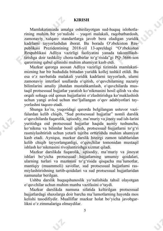v qarorlari, qarorlar va ajrimlari shaklida o‘z ifodasini topadi. sud protsessual hujjatlari ixcham va belgilangan talablarga muvofiq tuzishni talab etadi. protsessual qonun talablariga rioya qilinmasdan tuzilgan hujjatlar ish ko‘rishni qiyinlashtiradi, qonunda ko‘zda tutilgan ba’zi hollarda esa yuqori sudlar tomonidan sud qarorlarining o‘zgartirilishiga yoki bekor qilinishiga olib keladi. “sud protsessual hujjatlari” fani odil sudlovni amalga oshirish borasida vujudga keladigan huquqiy munosabatlar doirasida protsessual hujjatlarning turlari, mazmuni va shakliga qo‘yilgan talablarni, ularning tuzilishi, qabul qilinishi hamda taqdim eti-lishini, shuningdek ushbu hujjatlarda amaldagi qonun hujjat-larining tegishli qoidalari to‘g‘ri tatbiq etilishi va boshqa prot-sessual xususiyatlarining nazariy va amaliy masalalarini o‘rganadi. 2-. sud protsessual hujjatlarning turlari sud protsessual hujjatlari sud ishlarini yuritish turlari, fu-qarolik, iqtisodiy, ma’muriy sud ishlarini yuritish va jinoyat protsessi bosqichlari, protsessual hujjatlarning tuzilishi, mazmuni, ushbu hujjatlarni tuzish yoki qabul qilish vakolatiga ega sub-yektlar doirasiga ko‘ra turlarga bo‘linadi. masalan, fuqarolik sud ishlarini yuritish turlariga qarab da’vo tartibidagi ishlar (oila, uy-joy, mehnat munosabatlari, yetkazilgan …