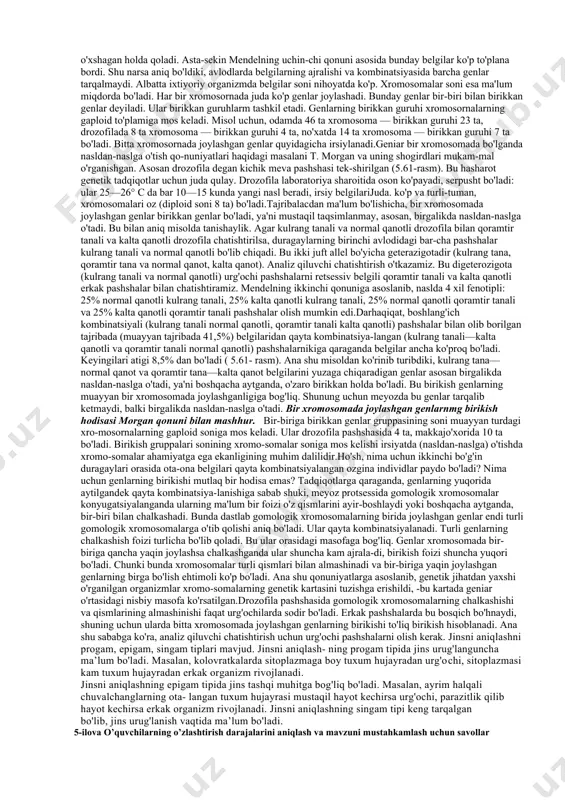 dan-naslga o'tishini kuzatdi. keyinchalik olimlarning ilmiy izlanishi natijasida har xil turga mansub organizmlardagi turli juft belgilarning irsiylanishi o'rganilib, mendel qommlari isbotlab berildi. natijada bu qonunlar umumiy xarakterga ega ekanligi tan olindi. lekin keying ilmiy izlanishlar xushbo'y no'xatning ayrim belgilari — changchi shakli, gulning rangi nasllarda mustaqil taqsimlanmasligi isbot etildi. nasllar ota-onaga o'xshagan holda qoladi. asta-sekin mendelning uchin-chi qonuni asosida bunday belgilar ko'p to'plana bordi. shu narsa aniq bo'ldiki, avlodlarda belgilarning ajralishi va kombinatsiyasida barcha genlar tarqalmaydi. albatta ixtiyoriy organizmda belgilar soni nihoyatda ko'p. xromosomalar soni esa ma'lum miqdorda bo'ladi. har bir xromosornada juda ko'p genlar joylashadi. bunday genlar bir-biri bilan birikkan genlar deyiladi. ular birikkan guruhlarm tashkil etadi. genlarning birikkan guruhi xromosornalarning gaploid to'plamiga mos keladi. misol uchun, odamda 46 ta xromosoma — birikkan guruhi 23 ta, drozofilada 8 ta xromosoma — birikkan guruhi 4 ta, no'xatda 14 ta xromosoma — birikkan guruhi 7 ta bo'ladi. bitta xromosornada joylashgan genlar …
