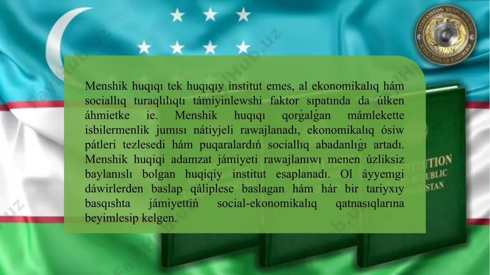 ı óz ishine aladı. bul huqıq mámleketlik, jámáátlik yamasa jeke múlk bolsın, nızam hám shártnama normaları menen sheklengen. máselen, jeke múlkti satıw yamasa ijaraǵa beriw shártnamalar arqalı tártipke salınadı, mámleketlik múlk bolsa arnawlı normativ hújjetler tiykarında basqarıladı. huqiqiy sheńber nizamlar hám normativ hújjetler menen belgilenedi. bul sheńber múlk subektleriniń huqıq hám minnetlemelerin anıqlaydı, kelispewshiliklerdiń aldın aladı hám múlkti qorǵaydı. máselen, puqaralıq kodeksi múlkti satıw, ijaraga beriw hám miyras qaldırıw proceslerin tártipke saladı; miynet hám ekonomikalıq huqıq bolsa múlkten paydalanıw hám iyelewdiń jámáátlik hám ekonomikalıq mexanizmlerin belgileydi. solay etip, múlk huqıqın ámelge asırıw mexanizmleri - ielik etiw, paydalanıw hám biylik etiw huqıqları - subektler arasında huqıqıy turaqlılıqtı támiyinleydi, ekonomikalıq jumıstı rawajlandıradı hám múlkti qorǵawdı kepilleydi. 4. ózbekstan hám qaraqalpaqstan huqiqiy ámeliyatında múlk huqiqi. ózbekstan respublikası konstituciyası mámlekette múlk huqıqın qorǵawshı eń tiykarǵı huqıqıy hújjet sıpatında jumıs alıp baradı. konstituciyada múlktiń hár qıylı túrleri - mámleketlik, jámietlik, jeke menshik hám basqa da …