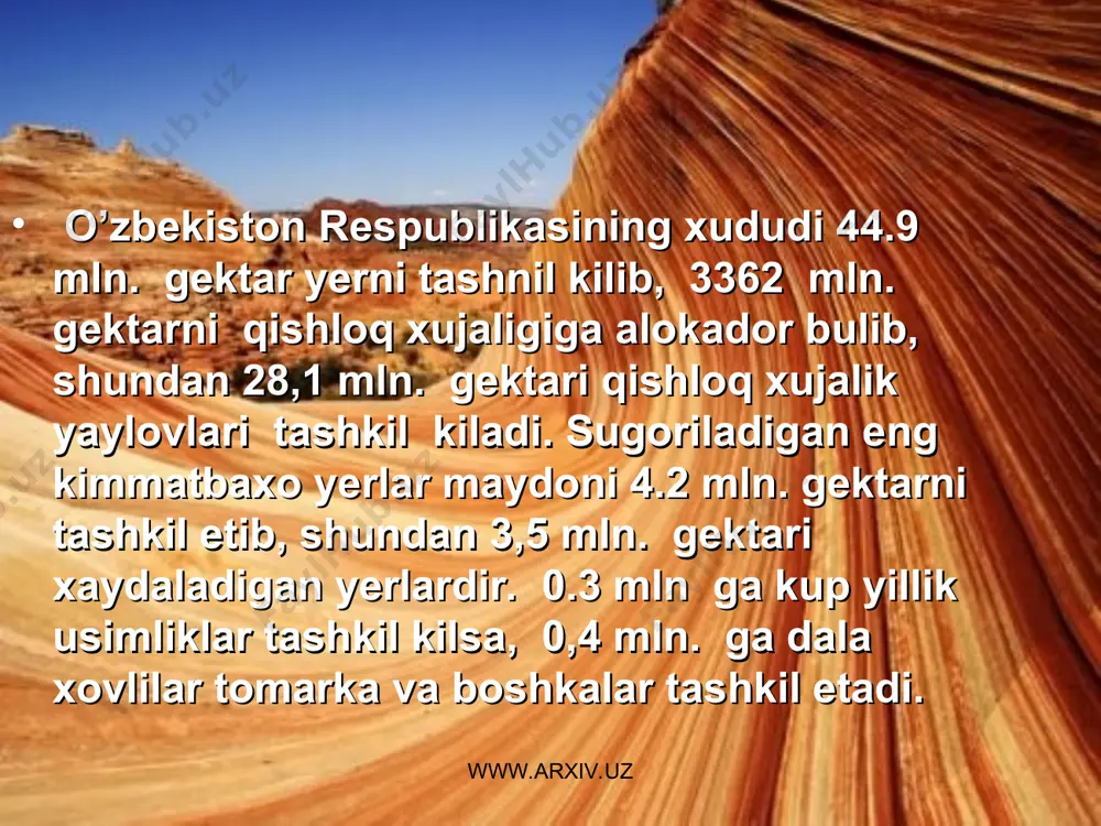 k tashkil etadi. www.arxiv.uz www.arxiv.uz sugoriladigan yerlarning kup kismini oxirgi paytlargacha paxta, sholi kabi yakka ekinlar tashkil etishi natijasida almashlab ekish jaraenlarini kamayishiga (yershunoslikka yerning muxofaza kiluvchi asosiy usul) chorvachilikning rivojlanishi ekiladigan yerlarga kuplab mineralugit va pesticidlardan foydalanishga tugri keldi. shularning xammasi birgalikda yerga boradigan tabiiy biologik jaraenlarning buzilishag olib kelmodka. www.arxiv.uz www.arxiv.uz mineralugitlardan kup mikdorda foydalanish, yerlarni kuplab enyergiya xarajatlarini ortishi, ekin maydonlaridagi xosildorlikni pasayishi byerkitib kelmokda. shu bilan birgalikda ishlvab chikariladigan ximiyaviy pyereapratlarning ishlatilish koefficientining pastligi fosfor-kaliy ugitlarning 30% azotli ugtilarning 50%ga yakini usimliklar tomonidan uzlashtirilmasdan, suv yerdamida yuvilib yer usti va yer osti suvlarini ifloslanishiga olib kelmokda. www.arxiv.uz www.arxiv.uz www.arxiv.uz www.arxiv.uz keyingi yillarda pesticidlar bilan ishlanadigan yerlarning jami ancha kiskaradi. masalan: 1989 yilda bunday dalalar xajmi 2.3 mln.ga bulsa, 1991 yilga kelib 1.4 mln.ni tashkil etgan. shu bilan birgalikda 1 gektar yerga solinadin pesticid mikdori 36 kg/ga da 42kg/ga ortgan. bu kursatgich ba`zi bir viloyatlar: surxondaryo-85, qashadaryo …