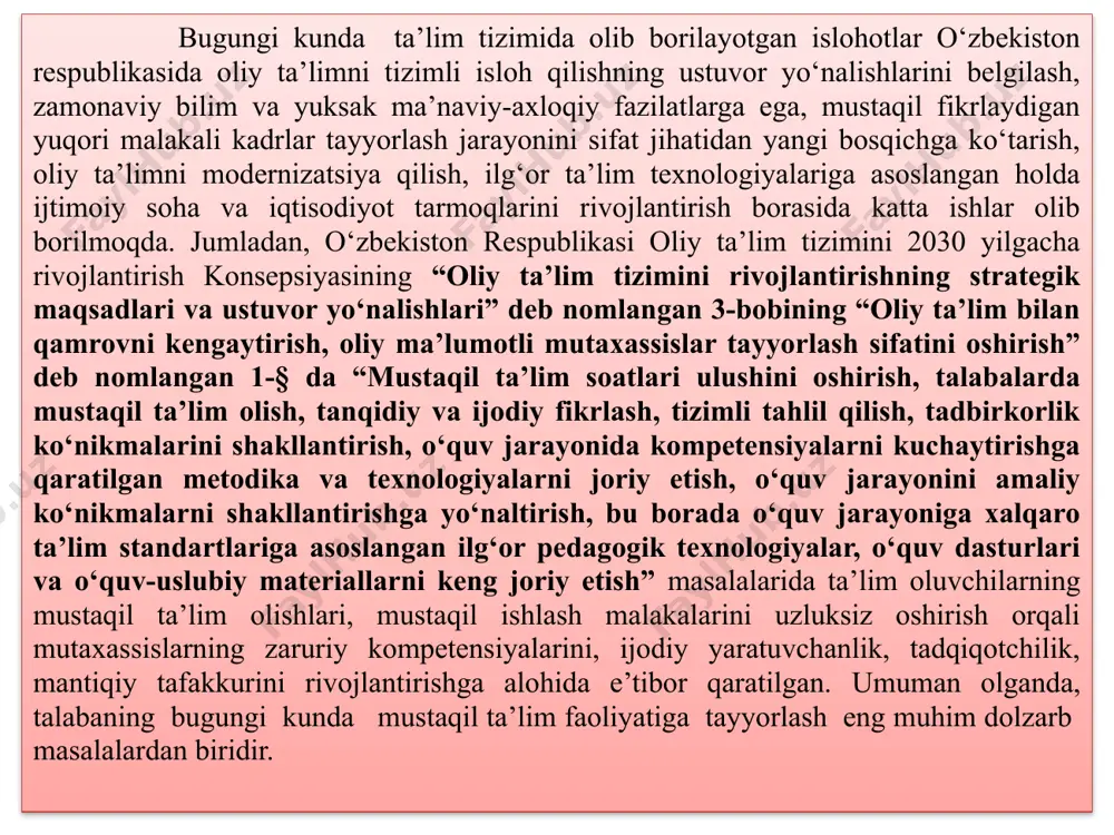 ‘qitish texnologiyalari va ularning maqbul shakllari majmuasini egallab olganligi bilan belgilanadi. ta’lim jarayonida har bir mavzuni o‘tishda yangi pedagogik texnologiyaning qaysi uslubi ma’qul, qulay, mavzuni yoritish uchun qanday jihozlar bo‘lishi zarurligi aniqlab olinadi. mustaqil ta’limni biz shunday ta’lim vositasi deb hisoblaymiz: • didaktik tizimga mos keladi; • o‘qituvchining bilimdan bilimgacha bo‘lgan harakatining har bir bosqichida bilim vazifalarining muayyan auditoriyani hal qilish uchun zarur bilim, ko‘nikma va malakalar hajmi va darajasini shakllantiradi va shunga mos ravishda aqliy faoliyatning past darajasidan yuqori darajalariga o‘tadi; • talabalarning bilim mustaqilligi va faoliyatiga psixologik munosabatni rivojlantiradi; • talabalarning o‘zlari tomonidan amalga oshiriladi, • o‘quv jarayonida individual yondashuvni amalga oshirish imkonini beradi. o‘quv jarayonida mustaqil ta’lim faoliyatini faollashtirish vositasi quyidagi vazifalarni bajaradi: 1. mustaqil ta’lim ijodiy bilimlarni ongli o‘zlashtirish, chuqurlashtirish va kengaytirish uchun yordam beradi; 2.mavzuni ijodiy o‘rganish bo‘yicha mavjud ko‘nikmalarni takomillashtiriladi va yangilari ishlab chiqiladi; 3. talabaning mustaqil harakatlari muayyan fanning ilmiy bilish usullarini anglaydi, …