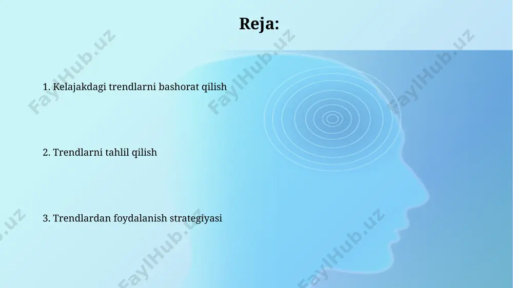 ekistan xeshtegi ostida 500 000 dan ortiq post tahlil qilinganda, toshkent shahri yoshlari orasida ekologik toza mahsulotlarga qiziqishning yuqori ekanligi aniqlandi. google trends ma’lumotlariga ko‘ra, so‘nggi 6 oy ichida "onlayn ta’lim" so‘rovining chastotasi andijon viloyatida 30% ga oshgan, bu esa onlayn ta’lim platformalarining mintaqaviy rivojlanishini belgilaydi. texnologiya trendlari kvant kompyuterlari texnologiyasi 2030-yilga borib, farmatsevtika va moliyaviy modellashtirish kabi sohalarda inqilob qilishi va 1000 dan ortiq kubitli kvant kompyuterlarning yaratilishi bilan, evropa ittifoqi va kanada kabi davlatlarda ilmiy tadqiqotlarning kuchayishi kuzatilmoqda. 2023-yil oxiriga kelib, sun'iy intellekt texnologiyalari bozorining hajmi 500 milliard aqsh dollaridan oshishi va dunyo bo'ylab, xususan, aqsh va xitoyda keng qo'llanilishi kutilmoqda. e'tiboringiz uchun rahmat @taqdimot_robot image2.jpg image3.jpg image4.jpg image5.jpg image6.jpg image7.jpg image8.jpg image1.png