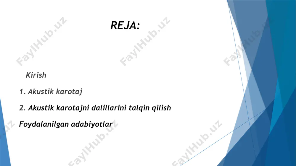 an boʼladi. buni ikki elementli zond deb ataladi. аmalda uch, toʼrt elementli akustik karotaj zondlari qoʼllaniladi. uch elementning akustik karotaj zondida (1-rasm) bitta ak asbobi qayd qilish sxemasi 207 nurlatgich (toʼlqin manbai) va ikkita qabul qiluvchi elementlar yoki ikkita tarqatuvchi (nurlatgich) va bitta qabul qiluvchi elementlar oʼrnatilgan bo’ladi (masalan2-rasmda tasvirlangan spаk-6 asbobi). sxematik tuzilishi quyidagicha: birinchi va ikkinchi nurlatgich elementlari, markazlashtiruvchilar (tentrator), nurlatgich va qabul qiluvchi elementlar oraligʼidagi masofa zondning uzunligi (l) deb ataladi. nurlatgich (yoqilgʼi qabul qiluvchi element)lar oraligʼidan masofa l-oʼlchash bazasi deb atalgan. tadqiqot radiusi zondning uzunligiga bogʼliq. zondning uzunligi katta boʼlsa, tekshirish radiusi ham oshadi. qabul qiluvchi element. 1-rasm. ak asbobi qayd qilish sxemas 2-rasm. spak (спак)-6 ак zondi. sxematik tuzilishi quyidagicha: birinchi va ikkinchi nurlatgich elementlari, markazlashtiruvchilar (tentrator), qabul qiluvchi element. akustik karotajni dalillarini talqin qilish ak diagrammalarini sifatli talqin qilib togʼ jinslarining gʼovakliligini aniqlash mumkin. bu diagrammalarni miqdoriy jihatdan talqin qilib geologik qatlamlardan elastik toʼlqinlarning …