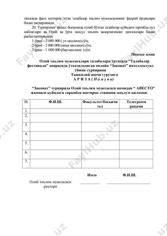 учун икки ёки ундан ортиқ жамоалар бир хил балл олса, унда улар ўртасида биринчи тўғри-нотўғри жавобгача қўшимча саволлар берилади ва ғолиб аниқланади. vi. турнир ғолибларини тақдирлаш 19. турнирнинг гуруҳ босқичида юқори 3 та ўринни эгаллаган жамоалар олий таълим муассасалари томонидан махсус диплом ва қимматбаҳо совғалар, шунингдек, танловда фаол иштирок этган талабалар таълим муассасасининг фахрий ёрлиқлари билан тақдирланади. 20. турнирнинг финал босқичида ғолиб бўлган талабалар қуйидаги тартибда пул маблағлари ва олий ва ўрта махсус таълим вазирлигининг дипломлари билан рағбатлантирилади: 1-ўрин – 3 000 000 ( уч миллион) сўм; 2-ўрин – 2 000 000 (икки миллион) сўм; 3-ўрин – 1 000 000 (бир миллион ) сўм. низомга илова олий таълим муассасалари талабалари ўртасида “талабалар фестивали” доирасида ўтказиладиган онлайн “заковат” интеллектуал ўйини турнирини ташкилий ишчи гуруҳига а р и з а ( н а м у н а) “заковат” турнирида олий таълим муассасаси номидан “ авесто” жамоаси қуйидаги таркибда иштирок этишини маълум қиламан: …