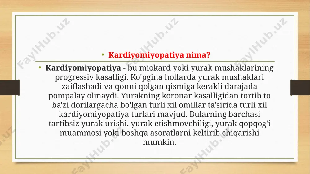 ganda paydo bo'ladi va qonni to'ldirish uchun etarlicha bo'shasholmaydi. yurak transplantatsiyasidan keyin tez-tez paydo bo'ladigan yurak izlari, bunga sabab bo'lishi mumkin. bu yurak kasalligi natijasida ham paydo bo'lishi mumkin. kardiyomiyopatiyaning quyidagi turlarining aksariyati avvalgi to'rtta tasniflardan biriga tegishli, ammo ularning har biri o'ziga xos sabablari yoki asoratlari bor. peripartum kardiomiopatiya homiladorlik paytida yoki undan keyin paydo bo'ladi. ushbu noyob turdagi yurak tug'ruqdan keyingi besh oy ichida yoki homiladorlikning so'nggi oyida zaiflashganda paydo bo'ladi. tug'ilgandan keyin paydo bo'lganda, ba'zida tug'ruqdan keyingi kardiyomiyopatiya deyiladi. bu kengaygan kardiyomiyopatiyaning bir shakli va bu hayot uchun xavfli holatdir. hech qanday sabab yo'q. alkogolli kardiyomiyopatiya uzoq vaqt davomida juda ko'p spirtli ichimliklarni iste'mol qilishiga bog'liq bo'lib, bu sizning yuragingizni susaytirishi mumkin, shuning uchun u qonni samarali ravishda pompalamaydi. keyin yuragingiz kattalashadi. bu kengaygan kardiyomiyopatiyaning bir shakli. kardiyomiyopatiya xavfi kimga tegishli? kardiyomiyopatiya har qanday yoshdagi odamlarga ta'sir qilishi mumkin. asosiy xavf omillariga quyidagilar kiradi: oilada kardiomiopatiya, to'satdan …