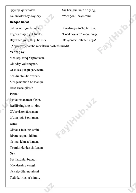 gina po`stim bor, dalada ko`p do`stim bor. maqolda ham yoziqman, osha- “oltin qoziq”man. yotsam yerga qapishib, dumginamdan tortishib, tashladilar o`raga… salom palov to`raga. tarvuz: tarvuzdek shirin ne‘mat topilmaydi dunyoda. dum-dumaloq shaklim bor, biram silliq, ozoda. qovun: men qovunman sap-sariq, men go`yo ulkan tariq. beqasam to`nim go`zal, ichim go`yoki asal. 1-boshlovchi:mana bolajonlar mevalarning, sabzavotlarning ham ta‘rifini eshitdik. 2-boshlovchi:endigi navbatni 3-sinf o`quvchilariga beramiz marhamat. o`zbekiston qo`shig`i. endi navbat raqsga: 4-“v” sinf o`quvchilariga 1-boshlovchi: endi esa so`z navbatini mehmonlarimizga bersak,ular ham o`zlarini fikrlarini bildirsa marhamat. (ular meva,sabzavotlarning qanday foydali tomonlari borligini so`rashadi) 2-boshlovchi: o`quvchilar meva va sabzavotlarning foydasi haqida aytishadi. 1-boshlovchi: kelinglar endi sabzavot va mevalar haqida topishmoqlar aytamiz. zalda o`tirgan topag`on o`quvchilarimiz topishadi. gulsiz meva qiladi, ko`p yesang til shiladi. g`ip-g`ildirak oy kulcha, bu nima kim biladi? (anjir) 2-boshlovchi: beqasamdan to`nib or, ichi qizil lolazor. (tarvuz) 1-boshlovchi: kech kuzgacha uzilmas, to yozgacha buzilmas. derlar ming dardga davo uning nomidir ….. (qovoq) 2-boshlovchi: …