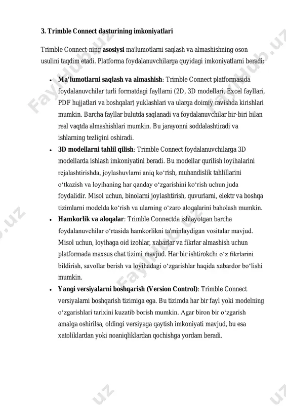 e connect qurilish sanoatida muhim o‘rin tutadi, chunki u qurilish jarayonlarini samarali boshqarish, sifatni oshirish va har bir bosqichni nazorat qilish imkoniyatini beradi. qurilish loyihalari murakkab va ko‘p bosqichlardan iborat bo‘lganligi sababli, building information modeling (bim) texnologiyasi bilan ishlashda trimble connectning ahamiyati yanada oshadi.  bim bilan integratsiya: trimble connect, bim texnologiyalari bilan integratsiyalashgan holda ishlaydi. bim loyihalarning barcha tarkibiy qismlarini yaratish va boshqarish imkonini beradi. trimble connect esa bu modellarni bulutda saqlab, qurilish jarayonini boshqarish va monitoring qilishni osonlashtiradi.  qurilish jarayonini monitoring qilish: trimble connect, ayniqsa, loyiha boshqaruvchilari va quruvchilarga real vaqtda loyiha progressini kuzatib borish imkoniyatini beradi. bu qurilish jarayonidagi kechikishlar va xatoliklarni aniqlashda yordam beradi. 6. trimble connect va boshqa platformalar bilan integratsiya trimble connect nafaqat o‘zining ichki imkoniyatlari bilan, balki boshqa qurilish va dizayn dasturlari bilan ham integratsiya qilish imkonini beradi. masalan:  autocad va revit kabi dasturlar bilan integratsiya qilish orqali foydalanuvchilar o‘z loyihalarini …
