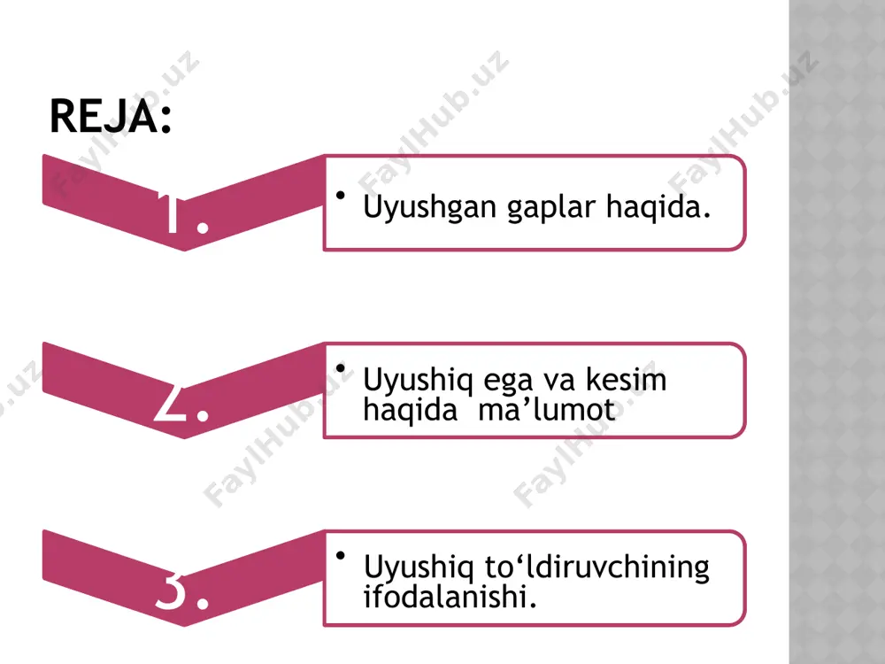 dda gap kesimiga bir xil munosabatda bo‘lib, sanash ohangi bilan aytiluvchi birdan ortiq eganing ketma-ket kelishi uyushiq ega hisoblanadi. uyushiq egalar bir-biri bilan sanash ohangi yoki bog‘lovchilar orqali bog‘lanadi. gap tarkibida ikki va undan ortiq atov birliklar (so‘z , ibora , so‘z birikmalari) bilan ifodalangan kesim bo‘lib kesimni shakllantiruvchi faqat keyingi kesim tarkibida qo‘llanib, barchasiga aloqador bo‘lsa, bunday ko‘p kesimli gap uyushiq kesimli gap deyiladi. uyushgan gaplarni ajratishda esa bosh omil ikkitadir bitta shakllangan kesimning ifodalanishi. ikki va undan ortiq eganing uyushmagan eganing mavjudligi. uyushiq bo‘laklar orasiga biriktiruvchi bog‘lovchilar qo‘ya olganimizdek, uyushiqlik zanjirini davom ettira olganimizdek, yuqoridagi hosilalar qismlari orasida bog‘lovchilarni qo‘llashimiz va bu qatorni davom ettirishimiz ham mumkin. shu bilan birga uyushiq bo‘lakli sodda gaplarning yana bir xususiyati shundaki uyushiq bo‘laklarni umumlashtiruvchi boshqa bir so‘z,bo‘lak bo‘ladi. bog‘da yetilgan olma, anor, uzumlar hammasidan oldi. gapida to‘ldiruvchi uyushib kelmoqda. uyushiq to‘ldiruvchilarni bir so‘z hammsida to‘ldiruvchisi uyushtirib, bu zanjirning oxiria qo‘llanib kelmoqda. …