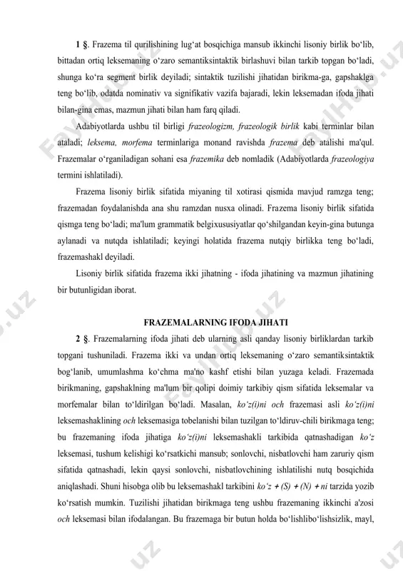 ‘z(i)ni leksemashakli tarkibida qatnashadigan ko‘z­ leksemasi, tushum kelishigi ko‘rsatkichi mansub; sonlovchi, nisbatlovchi ham zaruriy qism sifatida qatnashadi, lekin qaysi sonlovchi, nisbatlovchining ishlatilishi nutq bosqichida aniqlashadi. shuni hisobga olib bu leksemashakl tarkibini ko‘z ( (s) ( (n) ( ni tarzida yozib ko‘rsatish mumkin. тuzilishi jihatidan birikmaga teng ushbu frazemaning ikkinchi a'zosi och­ leksemasi bilan ifodalangan. bu frazemaga bir butun holda bo‘lishli­bo‘lishsizlik, mayl, zamon, shaxs­son ko‘rsatkichi nutqda qo‘shiladi. frazemadan tashqari nutqda xuddi shunday birikma ham tuzib ishlatiladi. nutqning o‘zida tuziladigan bunday birikma erkin birikma deyiladi va bunday birikmaga zid holda frazema turg‘un birikma (turg‘un bog‘lanma) deyiladi. тurg‘un bog‘lanma keng tushuncha bo‘lib, to‘g‘ri ma'noli va ko‘chma ma'no​li turg‘un bog‘lanmalarga ajratiladi; ko‘chma ma'noli turg‘un bog‘lanmalar frazema deyiladi. тo‘g‘ri ma'noli turg‘un bog‘lanma deb tarkibli terminlarga (olmoshlab ekish kabi), takror qolipi asosida tuziladigan birliklarga (kuchiga kuch qo‘shiladi, husniga husn qo‘shib turibdi, kundan kunga kabi) aytiladi. frazemalarning grammatik qurilishi 3­ §. frazemalarda hozirgi o‘zbek tilidagi sintaktik bog‘lanishlarning …
