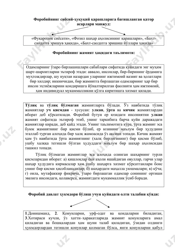 чун қуйидаги олти талабни қўяди: 1.донишманд, 2. қонунларни, урф-одат ва қоидаларни биладиган, 3.хотираси кучли, ўз хатти–ҳаракатларида жамият қонунларига амал қиладиган ва бошқалардан ҳам шуни талаб қиладиган, ўзидан олдинги ҳукмдорлардан тегишли қонунлар қолмаган бўлса, янги қонунларни қабул қила оладиган, ҳар қандай вазиятда аҳволни тез англаб оладиган, чора-тадбирларни қўллай оладиган, 4.фаҳм-фаросатли, 5.энг олий мақсади шаҳар фаровонлигини таъминлаш, 6.ҳарбий юришларда моҳир яъни ҳам, ҳарбий санъатда, ҳам давлатни бошқариш санъатида юксак маҳорат эгаси бўлиши керак. форобийнинг фикрича, қонунларга риоя қилишнинг энг муҳим шарти: қонунларни мамлакат, давр, давлат ва ўлка манфаатларини, жамият турли табақалари, маҳаллий урф-одатлар, анъаналарни, фуқаролар ҳуқуқий маданияти даражасини назарда тутиб чиқарилишидир. агар қонун бу омилларни назарда тутмай чиқарилган экан, унинг ҳаётга татбиқ этилишини талаб қилиш мумкин эмас. берунийнинг сиёсий-ҳуқуқий қарашлари: берунийнинг сиёсий ва ҳуқуқий қарашлари унинг “ҳиндистон”, “минералогия”, “геодезия”, “ўтмиш авлодлардан қолган ёдгорликлар” каби асарларида қайд этилган. берунийнинг давлат ҳақидаги қарашлари: унинг фикрича, одамлар ўз душманида қарши курашиш ва ўзларининг зарурий эҳтиёжларини …