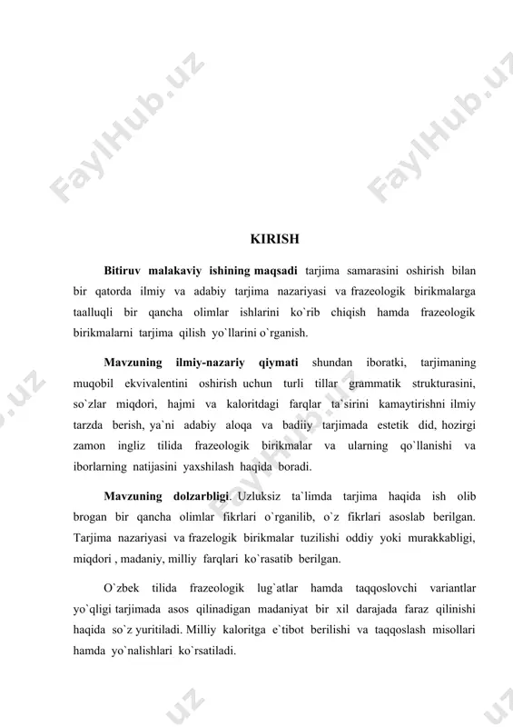 a bu ta`rifga e`tiroz bildiradi. · tarjima qilinayotgan narsa, bordi-yu, kitob emas, balki og`zaki nutq bo`lsa-chi? bunday taqdirda: tarjima - bu bir tilda bayon qilingan fikrni o`zga tilda so`zlovchi kishilarga tushuntirib berishdan iborat. · o`girilayotgan narsa unisi ham emas (kitob), bunisi ham emas (og`zaki nutq) , balki - kinofilm deb faraz qilaylik - bahsga aralashadi uchinchi shaxs. – filmlar ham tarjima qilinadiku, shunday emasmi? – deydi u . – bas, tarjima bir tilda rol ijro etayotgan aktyorning nutqini ikkinchi, uchinchi va hokazo tillarga o`tkazish demakdir. bunda o`sha aktyorning nutqiga uning harakatlari , ichki kechinmalari, yuz ifodasi mos kelishi lozim. aks holda… xullas, bahs shu tarzda davom etadi. bundan ma`lum bo`ladiki, tarjimani har kim o`zicha tushunar ekan. tarjima xususida yuqoridagi mulohazalarni bildirgan kishilarning da`volarida jon bor . gap shundaki, ularning har biri tarjimani har tomondan ta`riflab , bu haqdagi umumiy tushunchani to`ldirishga xizmat qiladi. bundan tashqari , bahsda qatnashayotganlarning dalillaridan tarjima …