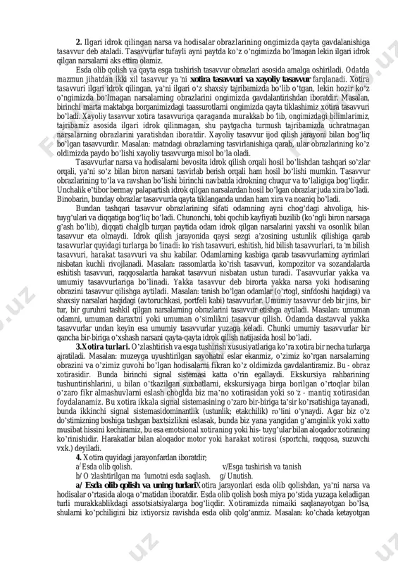 da saqlab qolish bilan bog’liq harakatlarning yakunlanganlik darajasiga; - shahsning o’zi shug’ullanayotgan ishga nechog’liq qiziqish bildirayotganligiva shuishga moyilligiga; - shaxsning bevosita faoliyat mazmuni va ahamiyatiga munosabatining qanday ligiga; - shaxsning ayni paytdagi kayfiyatiga - irodaviy kuchi va intilishlariga. o’tmish tajribalarimizda nimaiki hodisa yuz bergan bo’lsa, shuni esda olib qolish esda saqlash va keyinchalik esga tushirish yoki unutish xotira deb ataladi tashqi va ichki qo’zg’atuvchilar ta’sir ko’rsatishi tufayli miyaga keluvchi qo’zg’alishlar miyada "izlar" qoldiradi, bu izlar-uzoq yillar (ba’zan butun hayot) davomida saqlanib qoladi. yarimsharlar po’stlog’ida qo’zg’alishlar uchun go’yo yo’l ochiladi, buning natijasida nerv bog’lanishlari keyinchalik oson va tez vujudga keladi. agar qo’zg’alishlar takrorlanib tursa nerv bog’lanishlari saqlanadi va jonlanadi, aksincha qo’zg’alishlar takrorlanmasa nerv bog’lanishlari so’nadi. nerv bog’lanishlari so’nsa ilgari esda qoldirgan ma’lumotlar unutiladi. vaqtincha nerv bog’lanishlarining vujudga kelishi va saqlanishi xotiraning fiziologik asosini tashkil etadi. xotiraning mohiyati narsa va hodisalar o’rtasida aloqa o’rnatishdan iborat ekanligini qadim zamonlardayoq greklar tushunib yetgan edilar. …